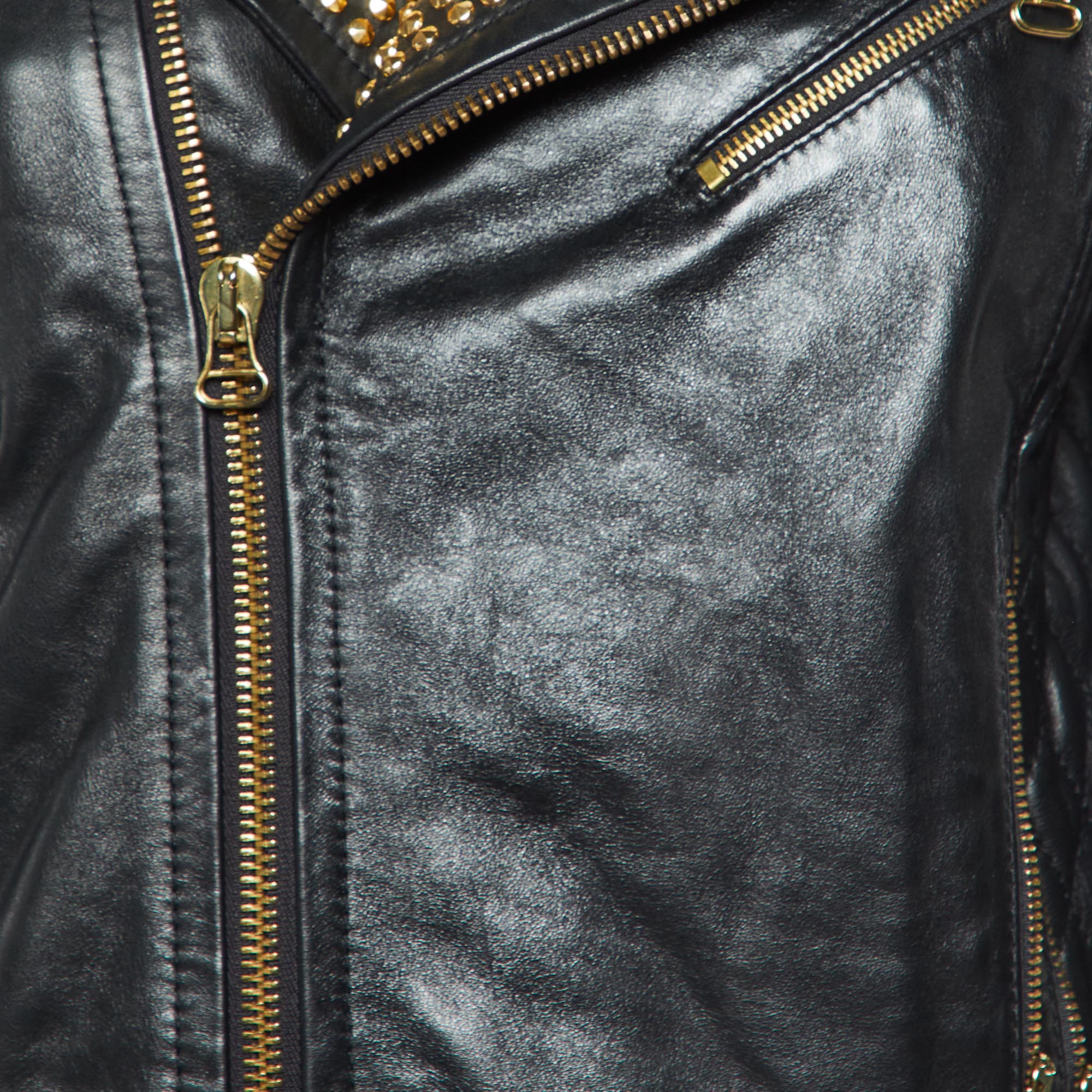 Pierre Balmain Black Leather Studded Biker Jacket M