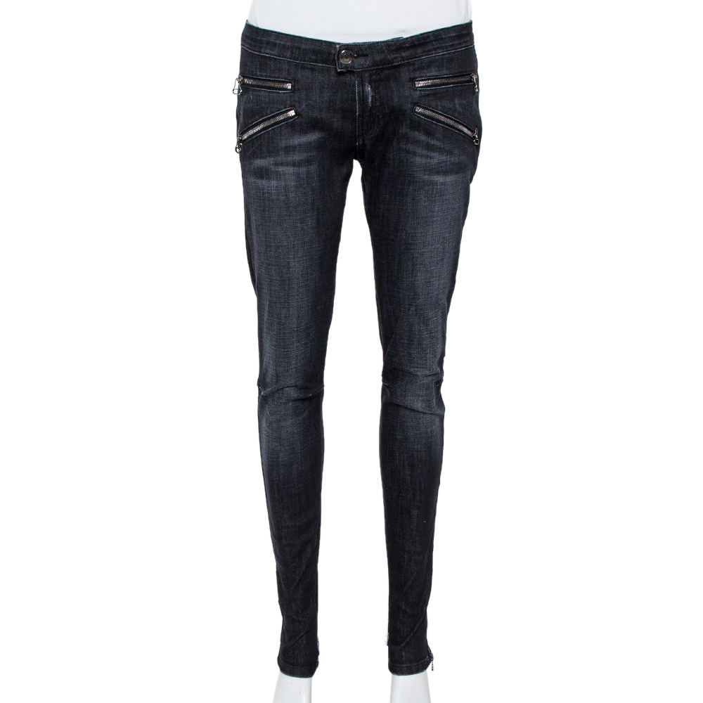 Image of Pierre Balmain Black Denim Skinny Biker Jeans L