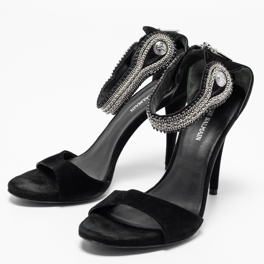 

Pierre Balmain Black Suede Embellished Ankle Strap Sandals Size