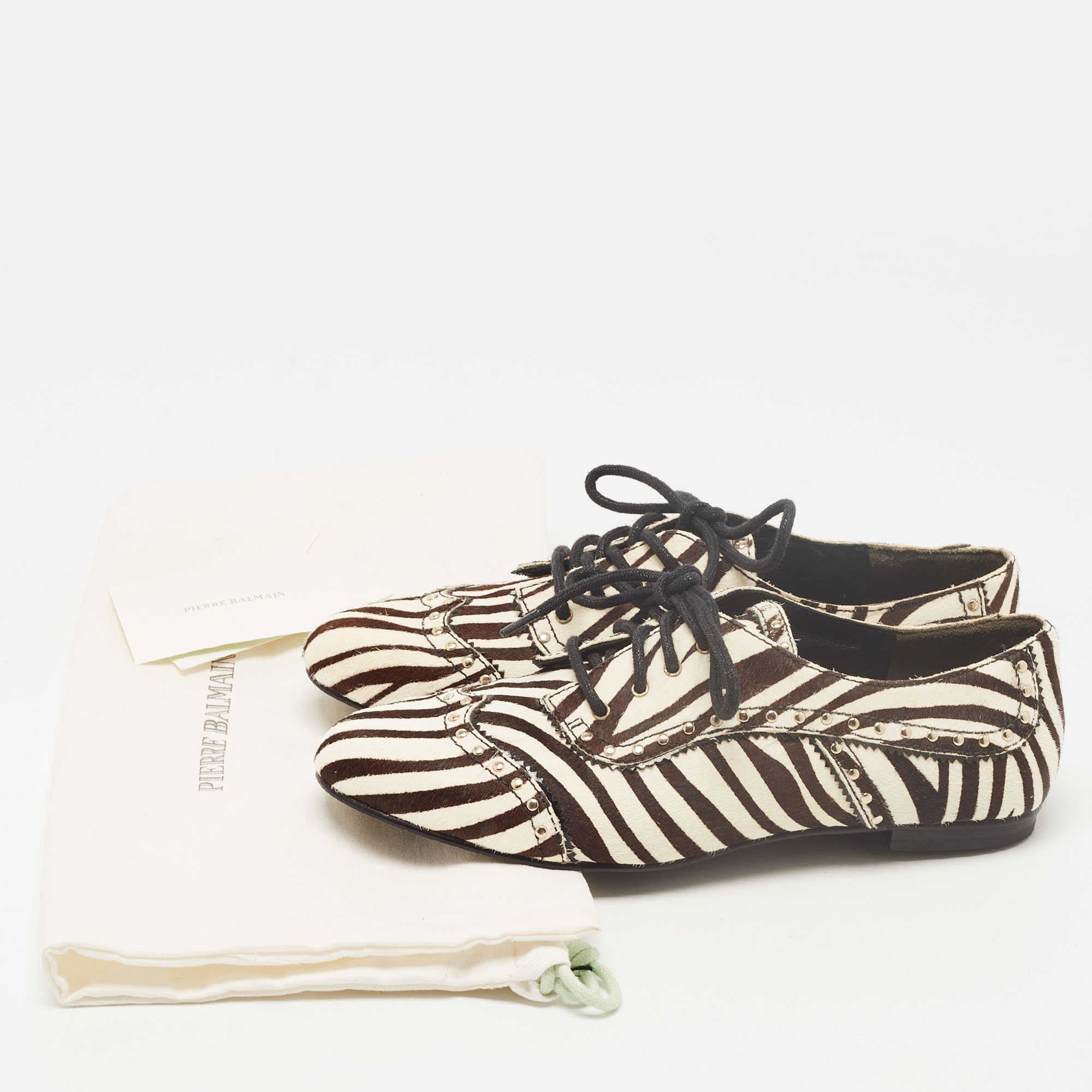 Pierre Balmain Black/ White Zebra Print Pony Hair And Leather Studded  Lace Up Oxfords Size 37