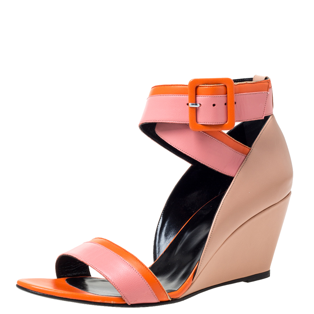 Image of Pierre Hardy Tri Color Leather Ankle Strap Wedge Sandals Size