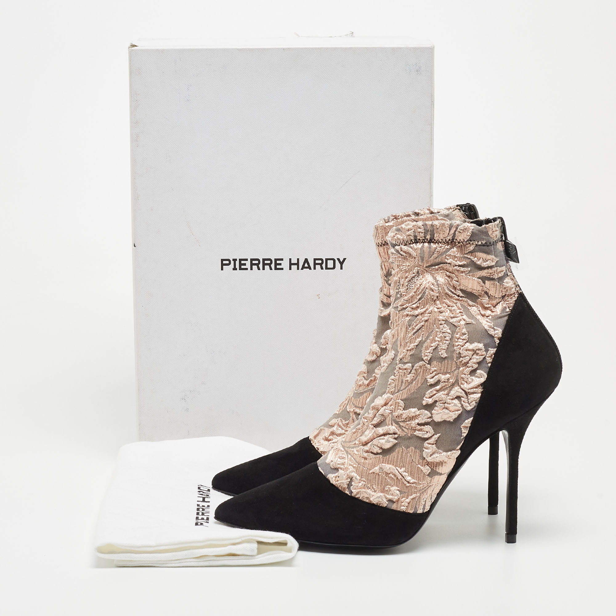 Pierre Hardy Black/Metallic Peach Fabric And Suede Dolly Pointed Toe Ankle Booties Size 38.5