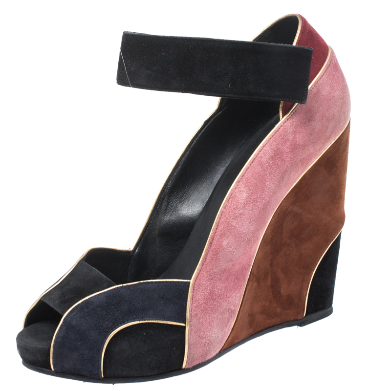 Pierre hardy multicolor suede ankle strap wedge peep toe sandals size 40