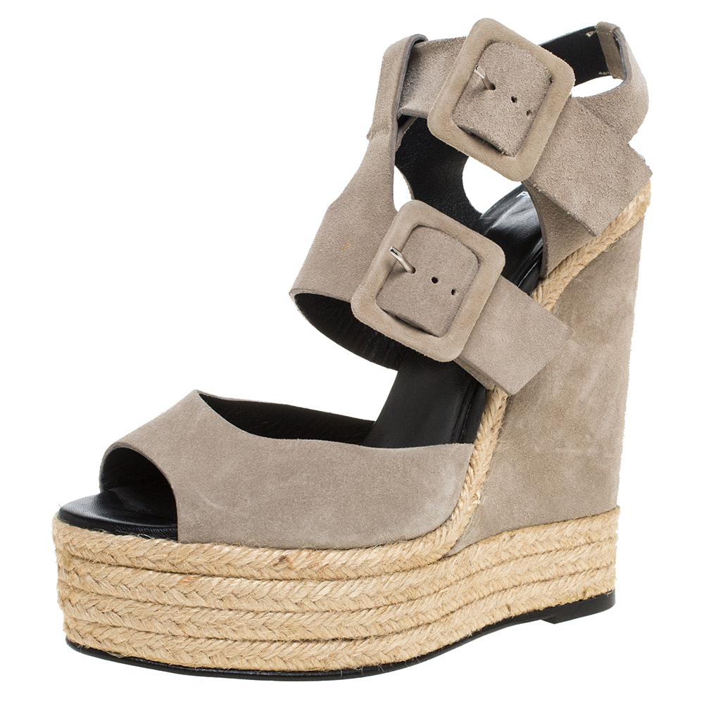 Image of PIERRE HARDY Grey Suede Ankle Strap Espadrille Platform Wedge Sandals Size
