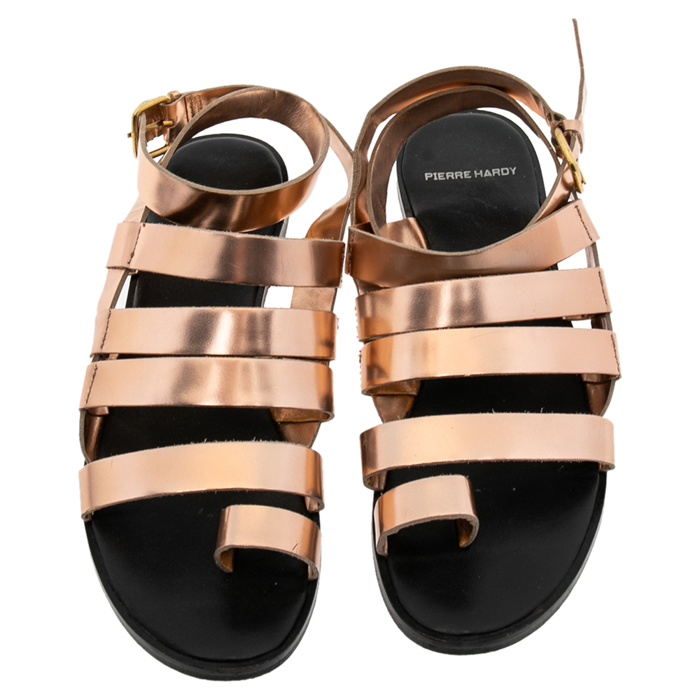 PIERRE HARDY Rose Gold Metallic Leather Flat Sandals Size 38
