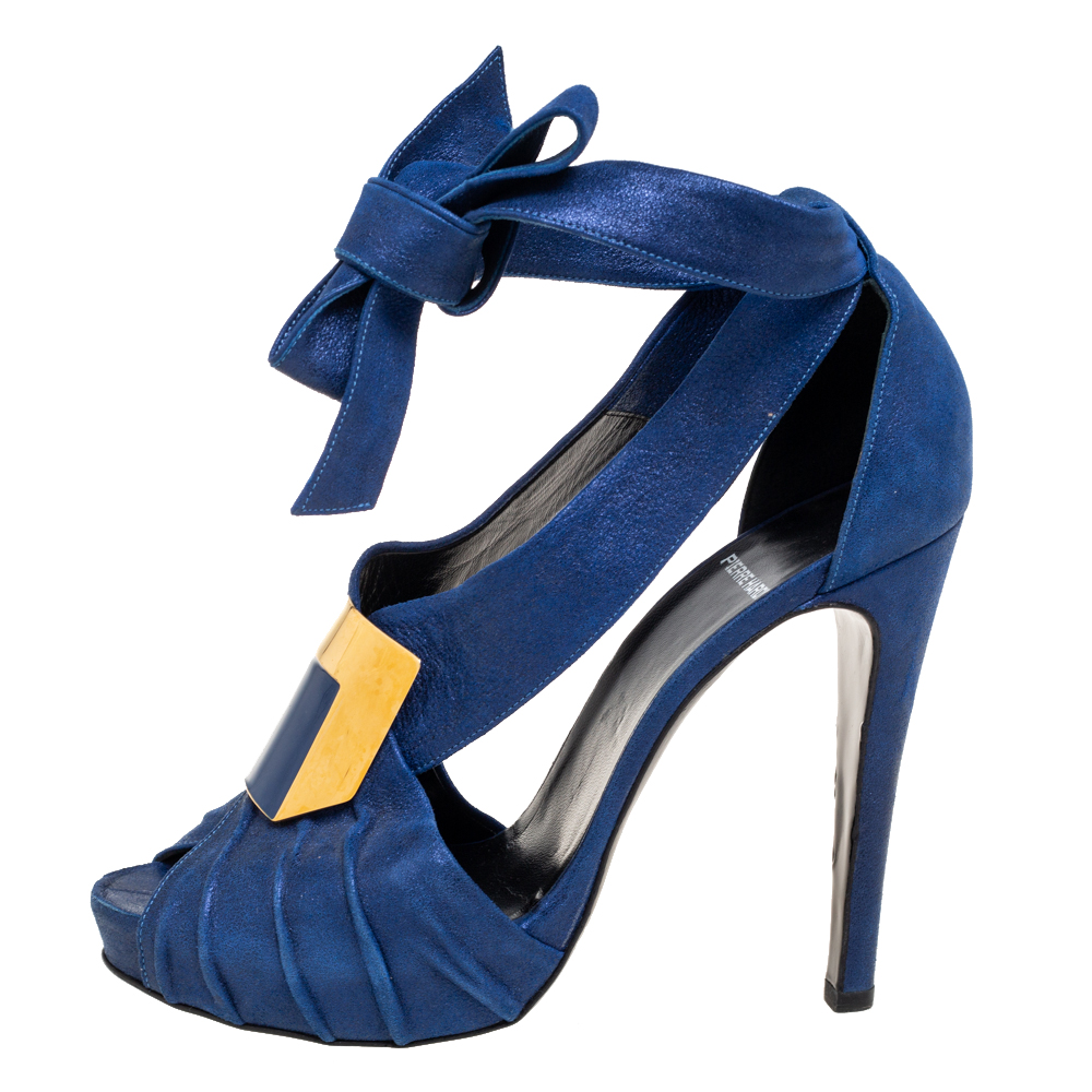 Pierre Hardy Blue Laminated Suede Buckle Ankle-Tie Sandals Size 38