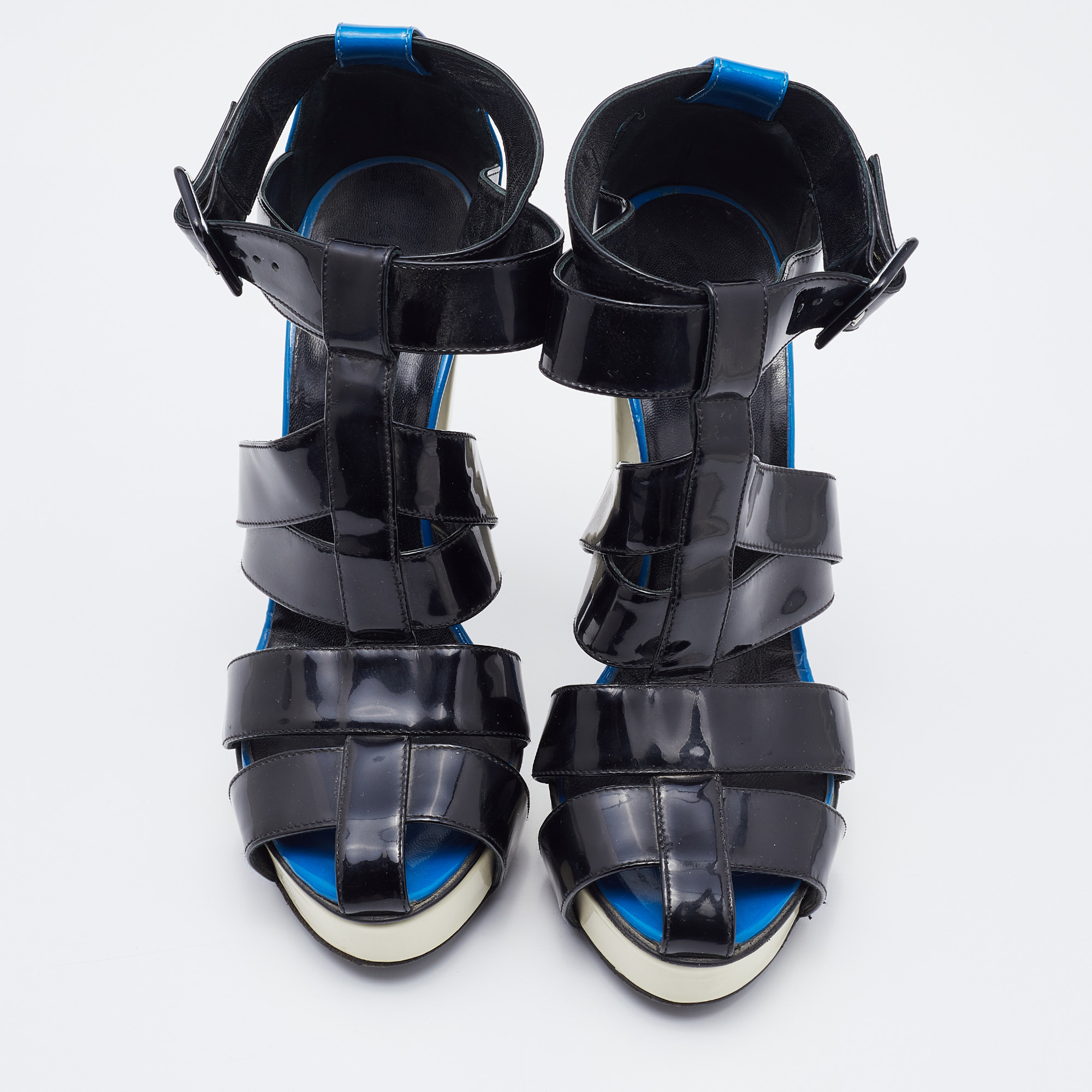 Pierre Hardy Black/Blue Patent Leather Caged Ankle Strap Sandals Size 38