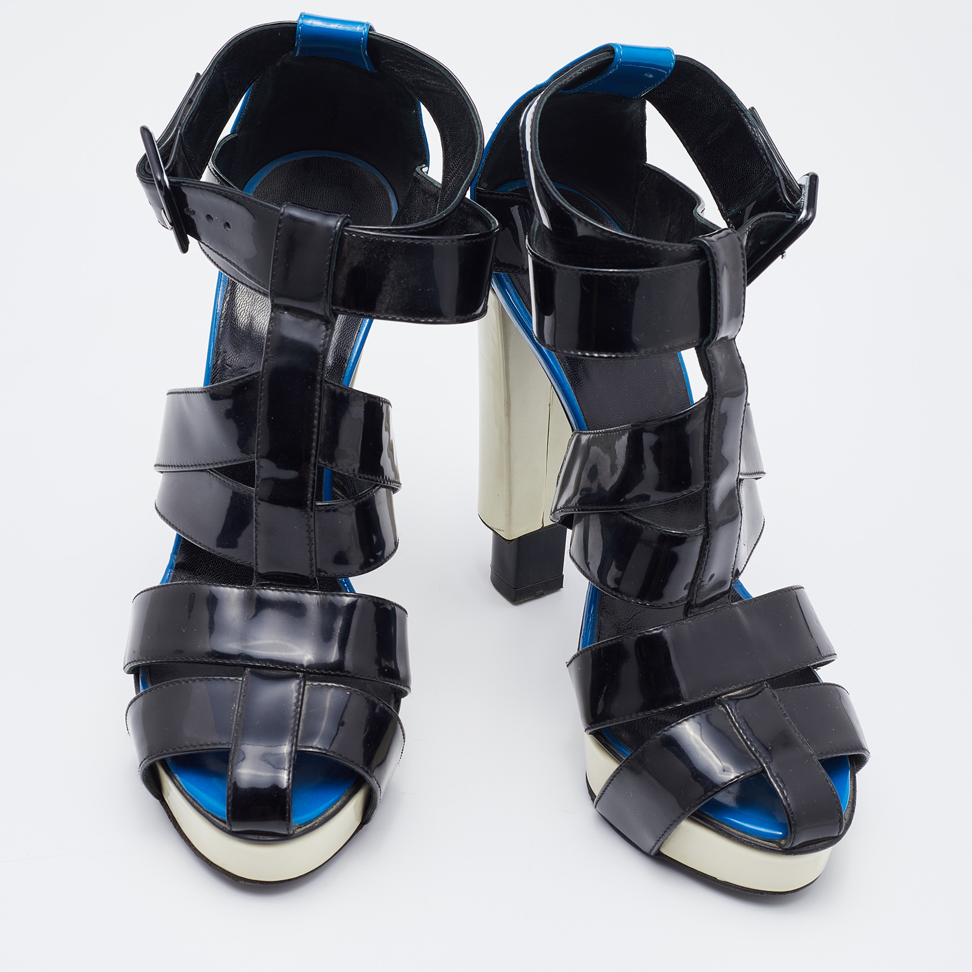 Pierre Hardy Black/Blue Patent Leather Caged Ankle Strap Sandals Size 38