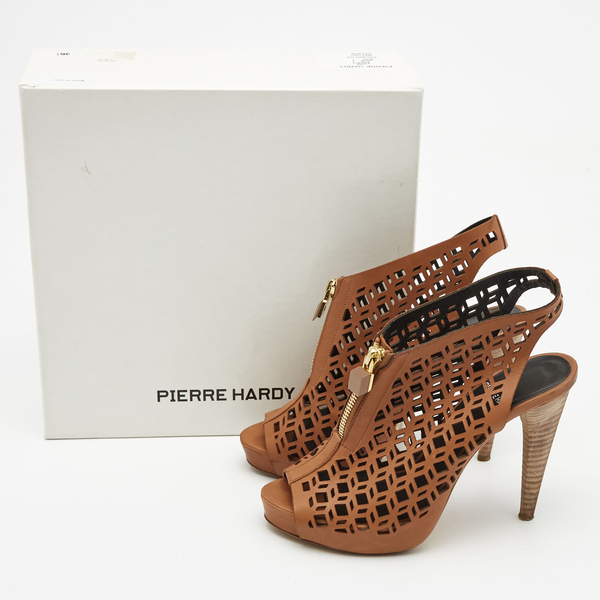Pierre Hardy Brown Leather Laser Cut Out Zip Detail Booties Size 36.5