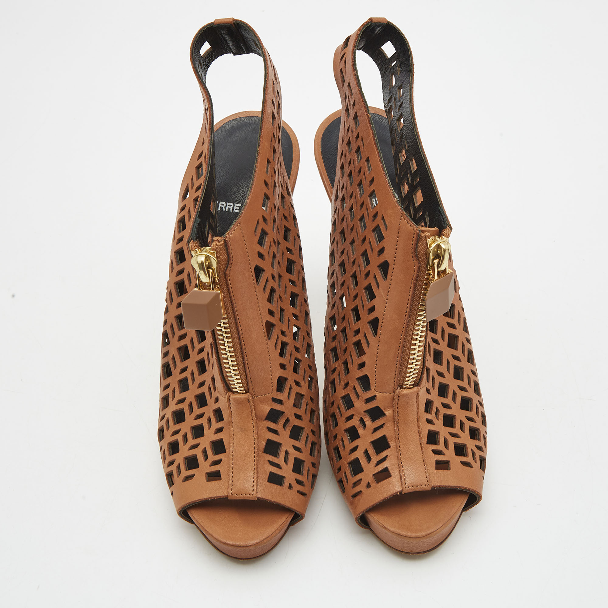 Pierre Hardy Brown Leather Laser Cut Out Zip Detail Booties Size 36.5