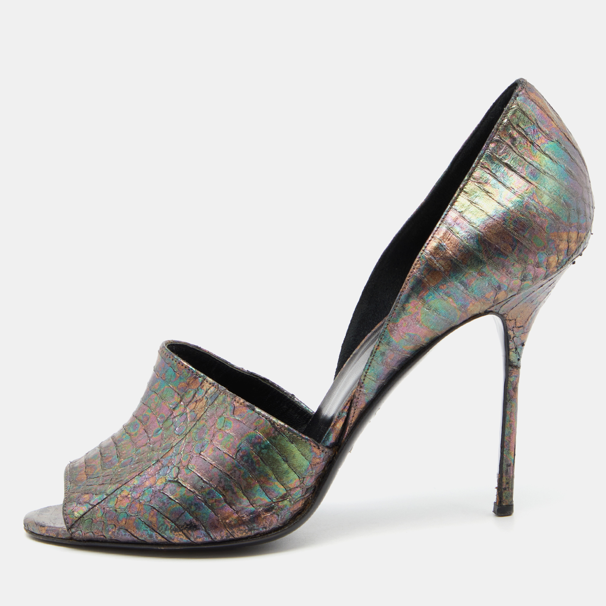 Pierre Hardy Multicolor Holographic Watersnake Leather Open Toe Pumps Size 39.5