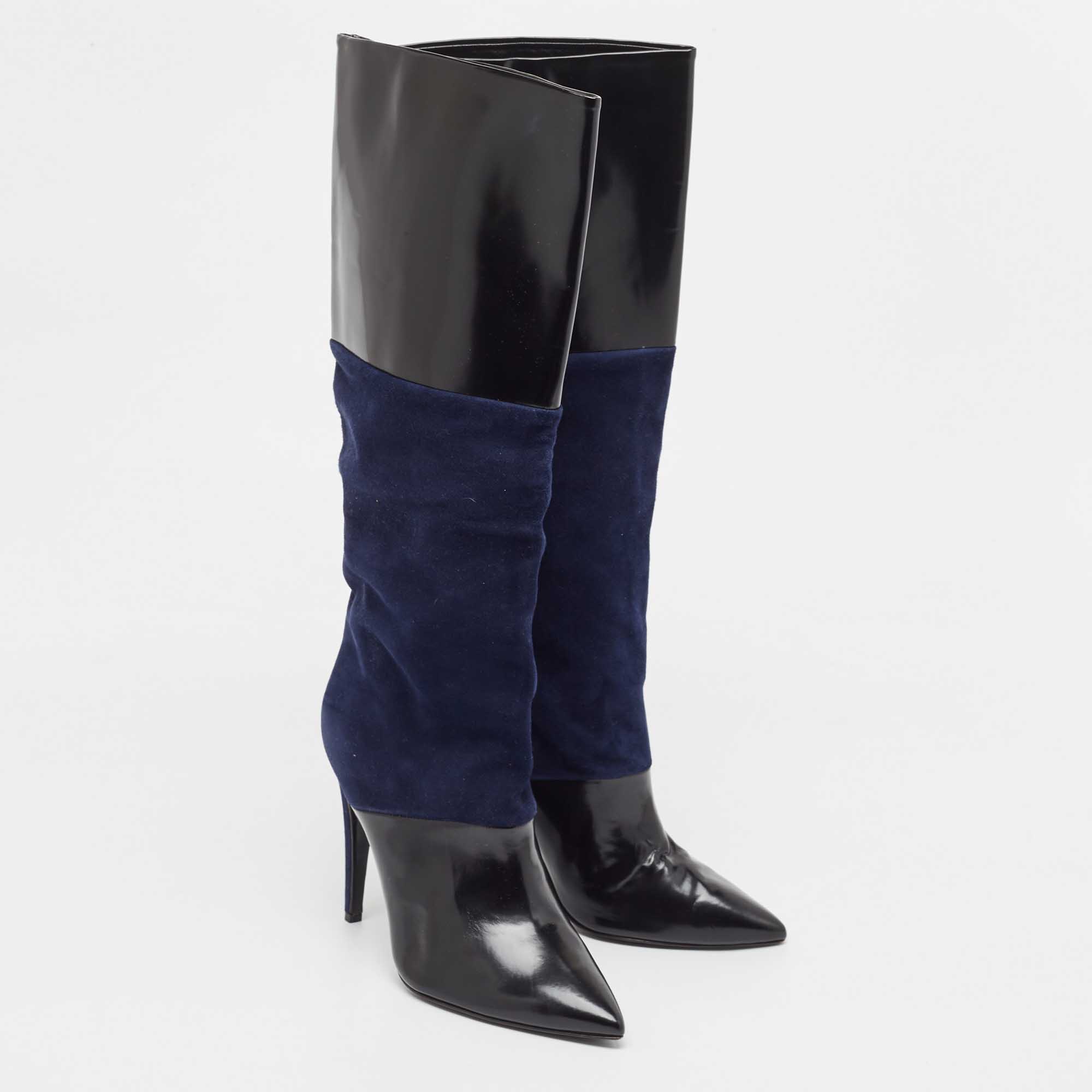 Pierre Hardy  Navy Blue/Black Suede And Patent Knee Length Boots Size 40