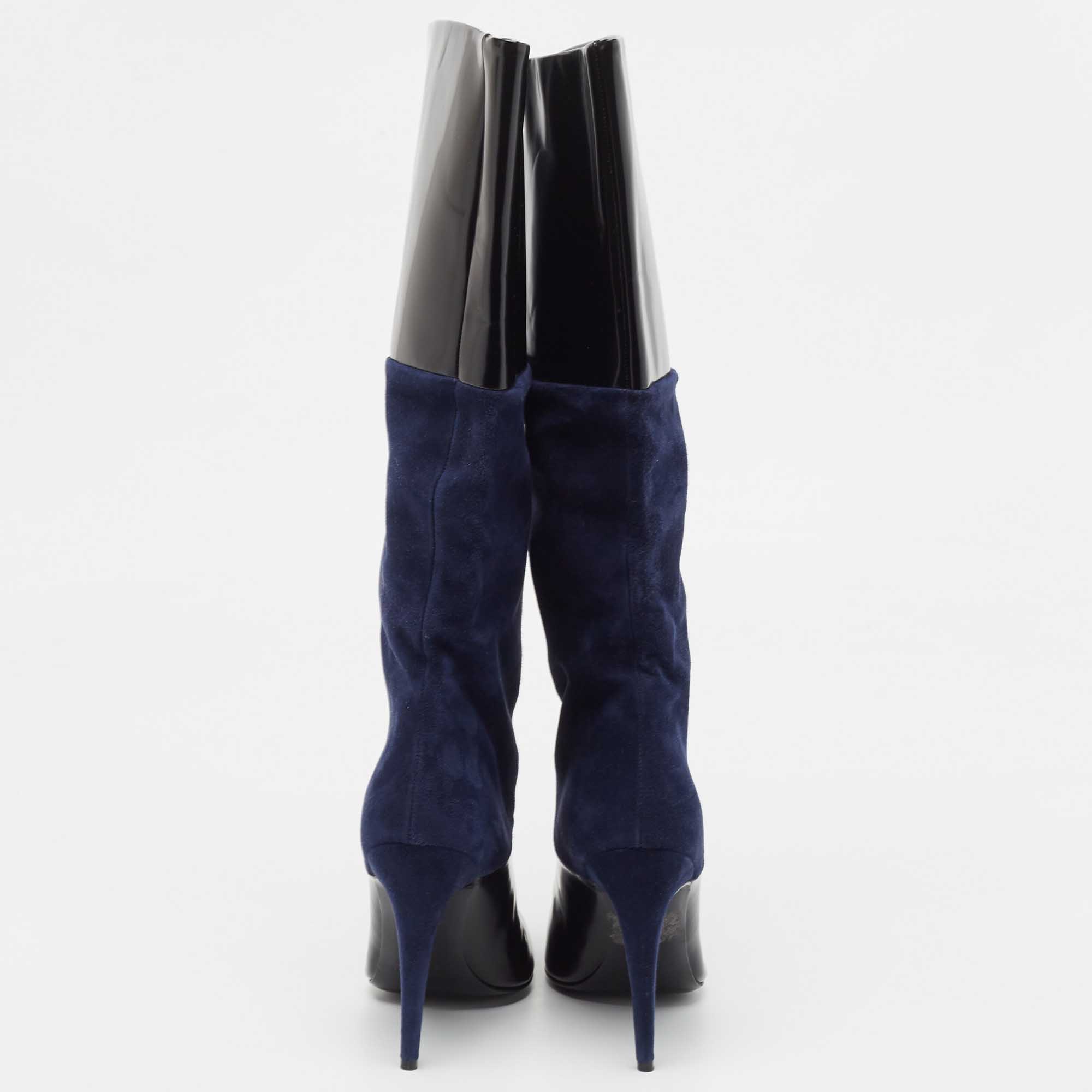 Pierre Hardy  Navy Blue/Black Suede And Patent Knee Length Boots Size 40