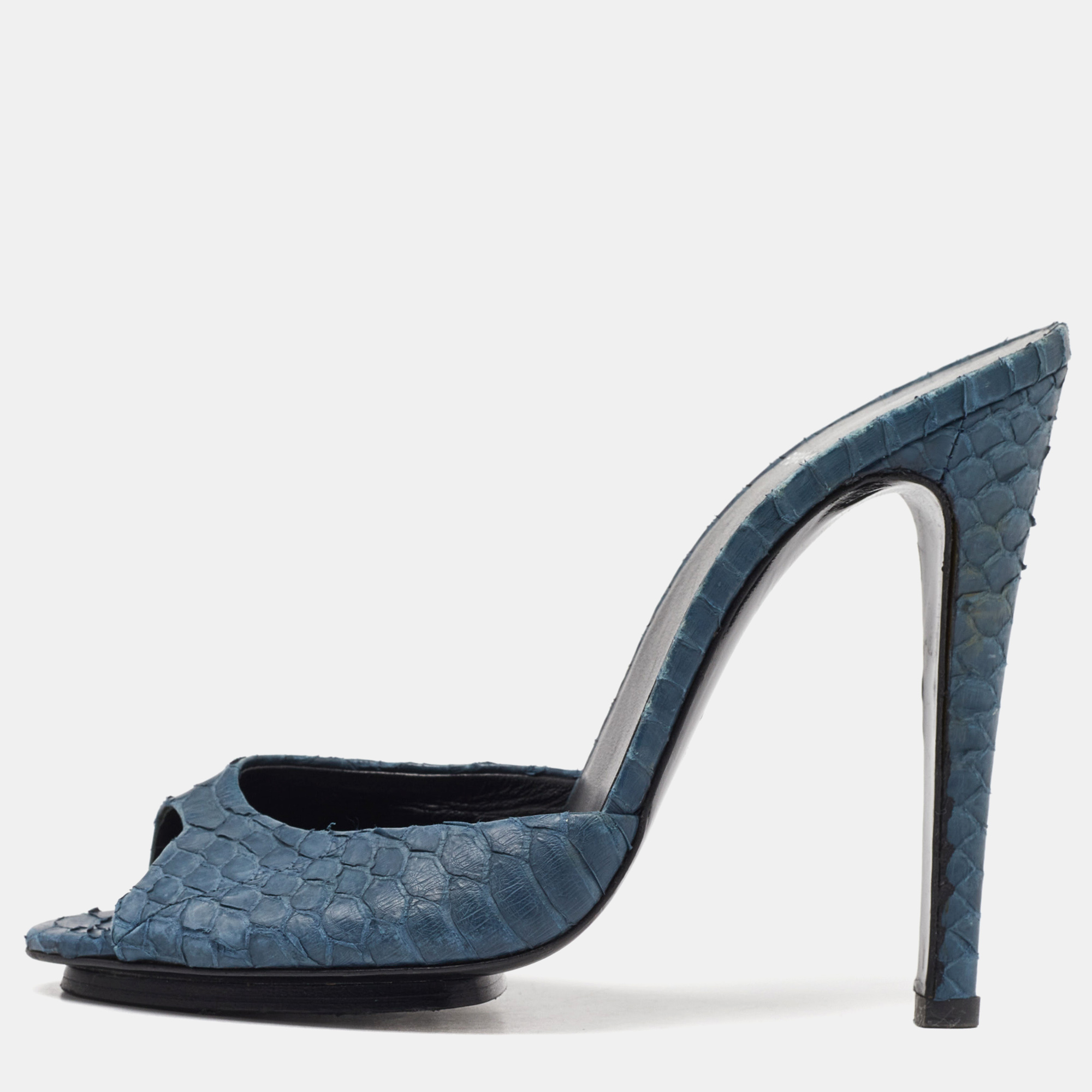 Pierre hardy navy blue python leather open toe slide sandals size 38