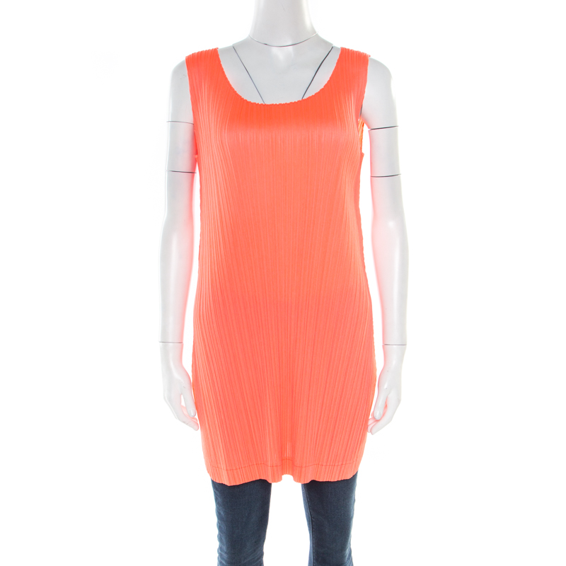 Image of Pleats Please By Issey Miyake Neon Orange Plisse Sleeveless Tank Top M