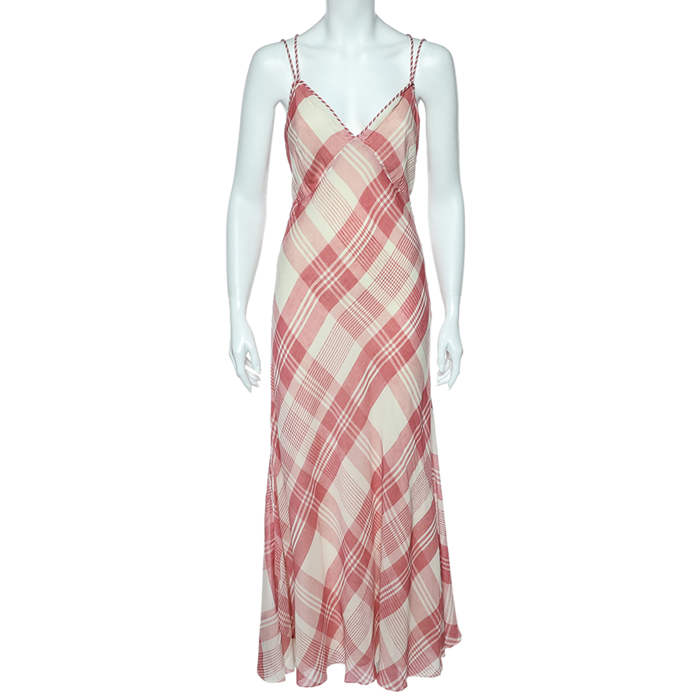 Polo ralph lauren pink checkered twill cross back detail maxi dress s