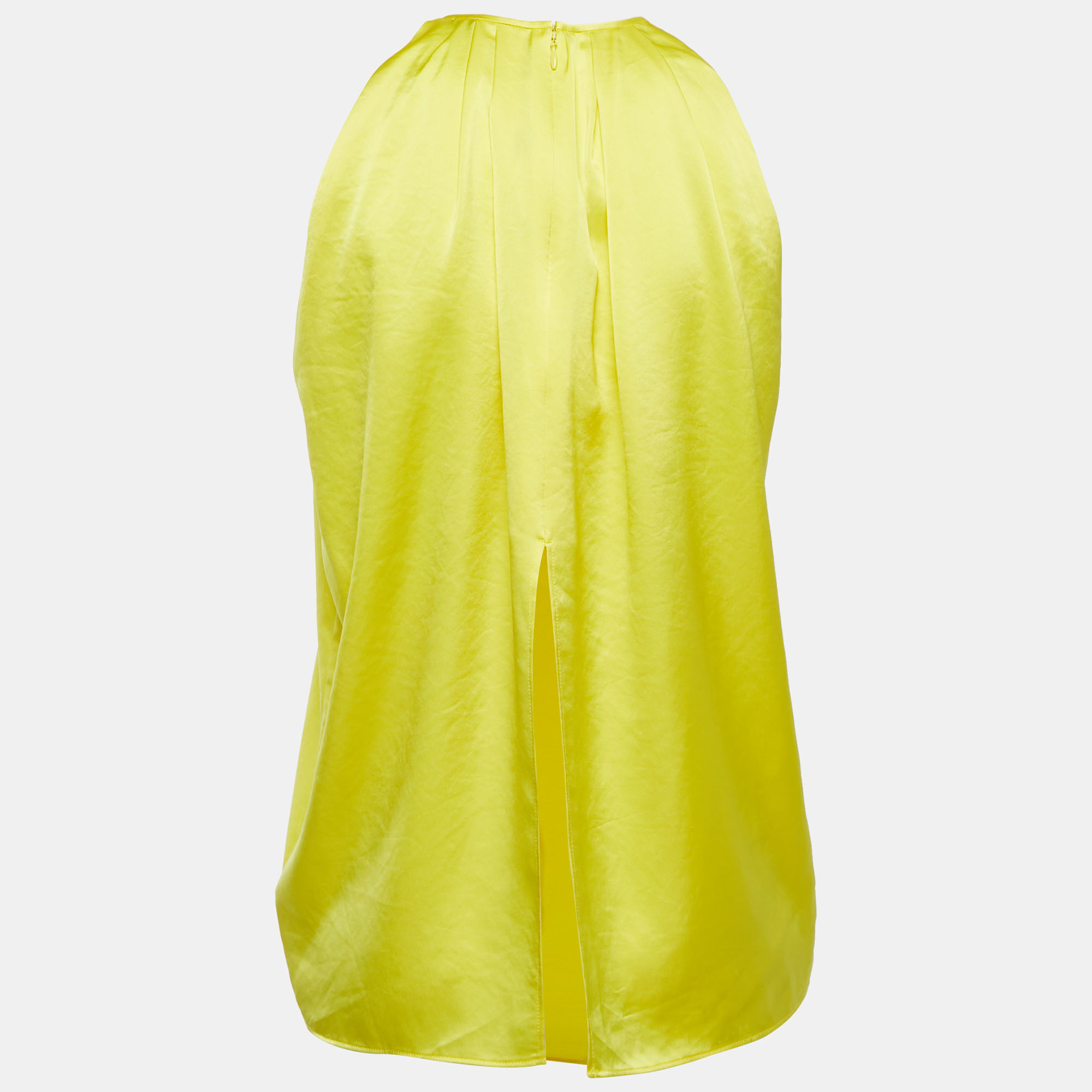 Polo Ralph Lauren Yellow Satin Pleated Back Slit Detailed Sleeveless Top S