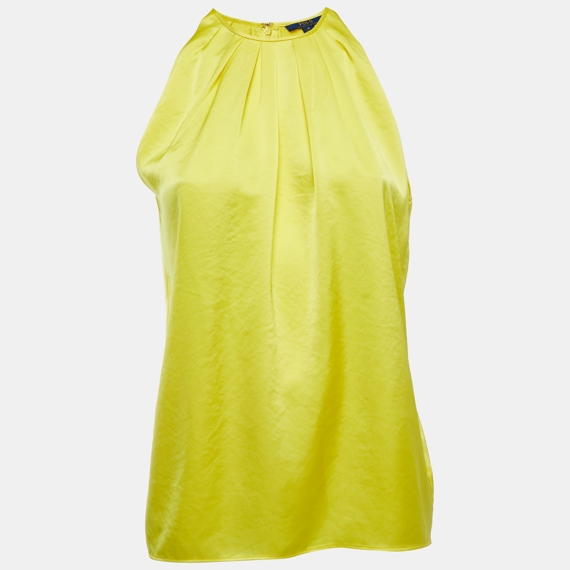 Polo Ralph Lauren Yellow Satin Pleated Back Slit Detailed Sleeveless Top S