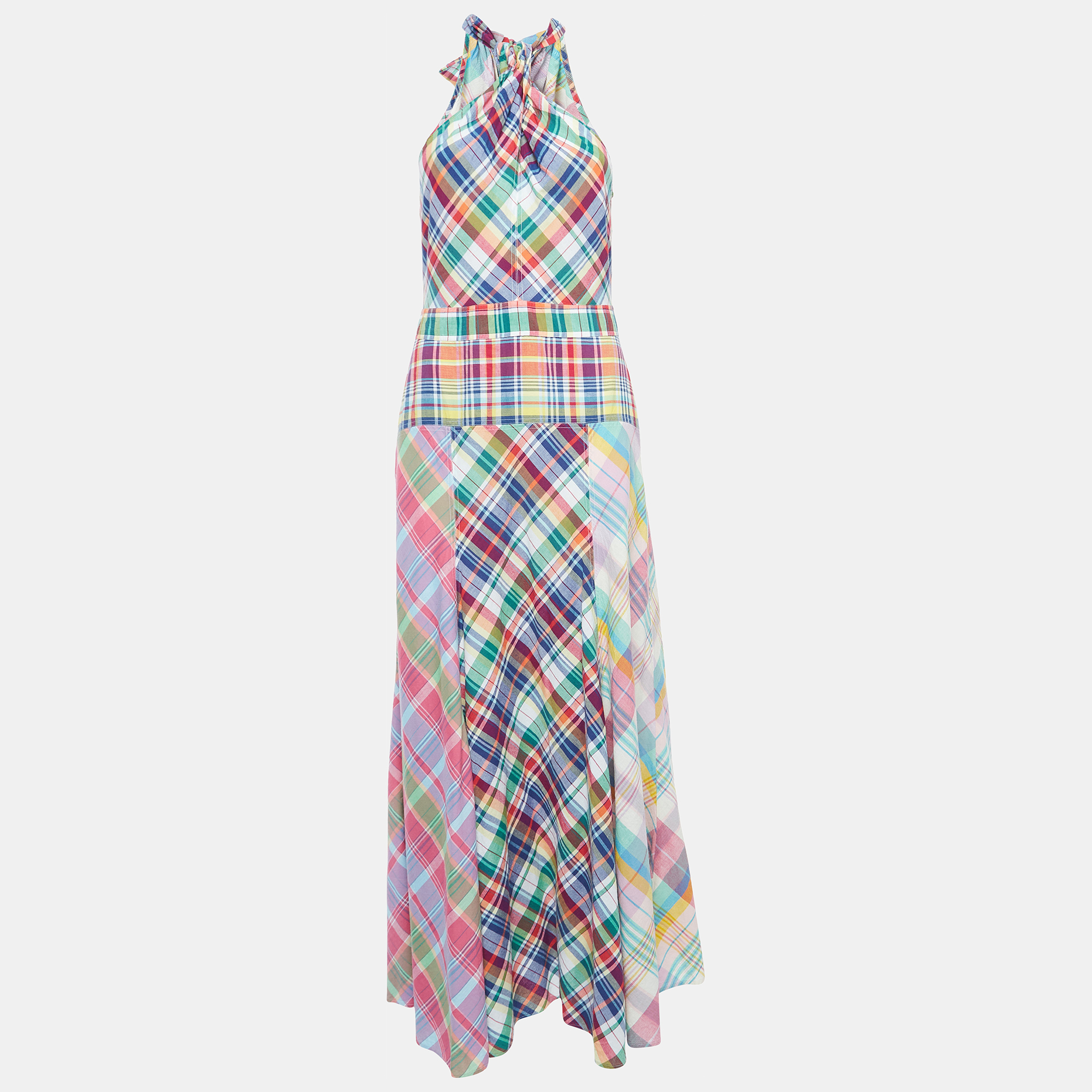 Polo Ralph Lauren Multicolor Check Print Cotton Halterneck Dress M