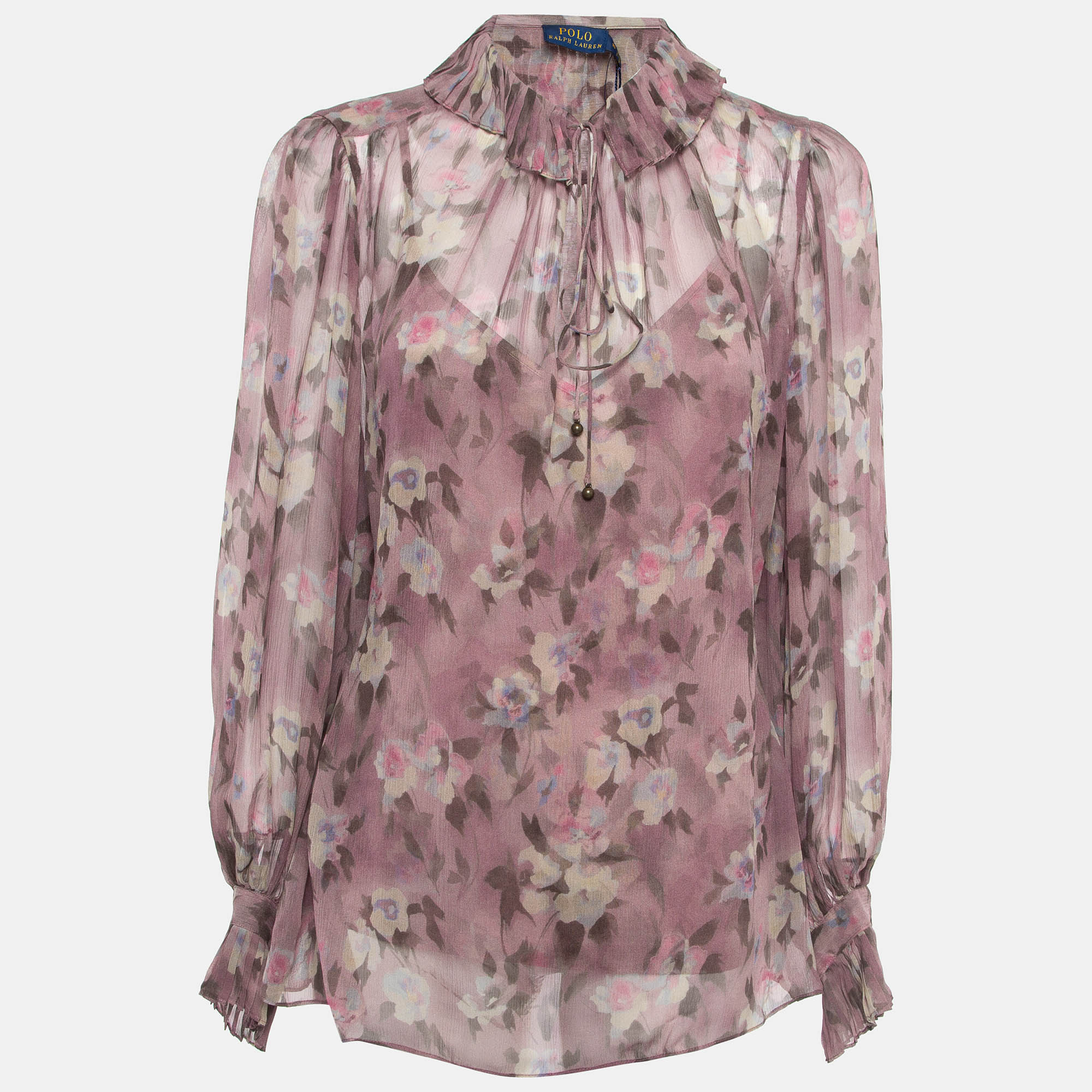 Polo ralph lauren pink floral print silk freaky long sleeve shirt l