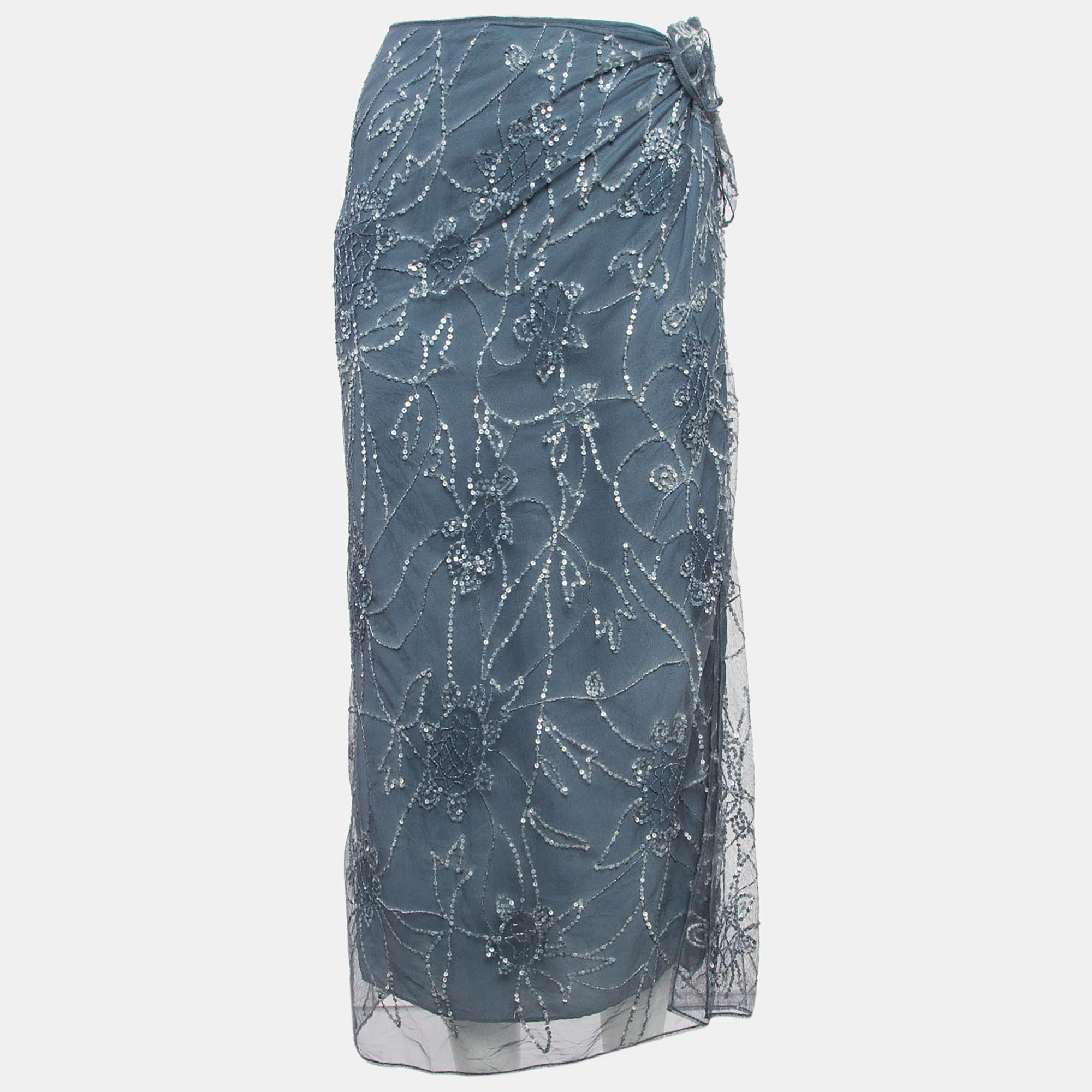 Polo Ralph Lauren Grey Sequin Embroidered Tulle Midi Skirt L
