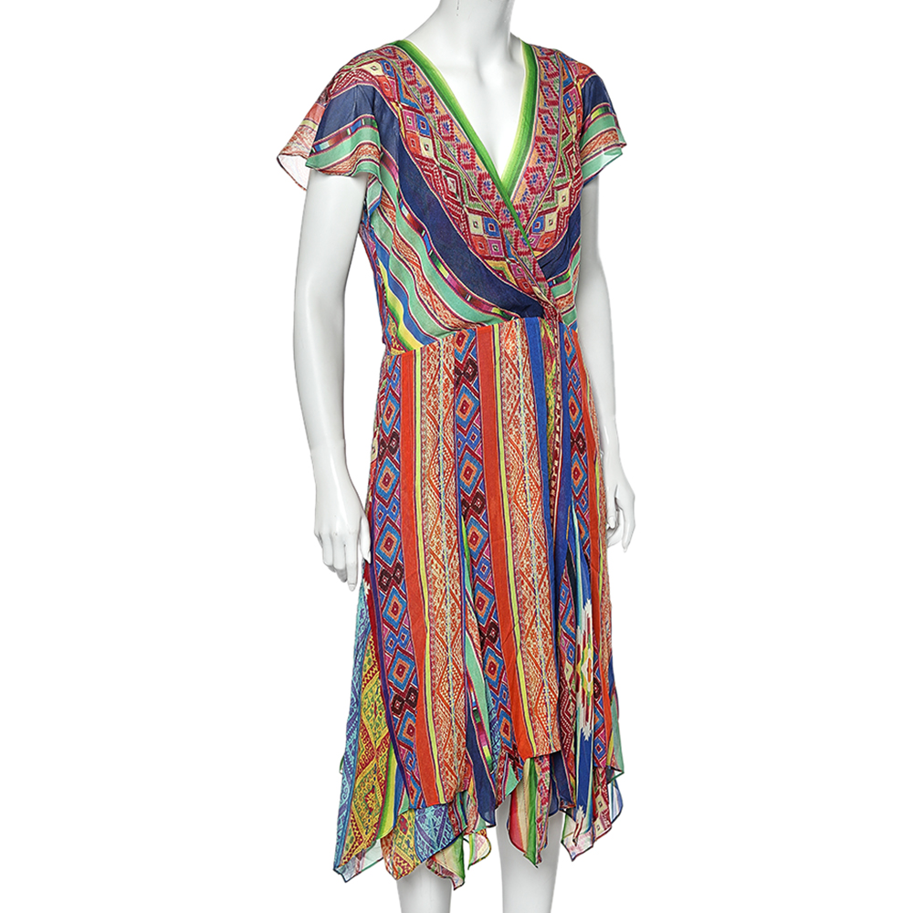 Polo Ralph Lauren Multicolored Printed Silk Asymmetric Hem Detail Dress M