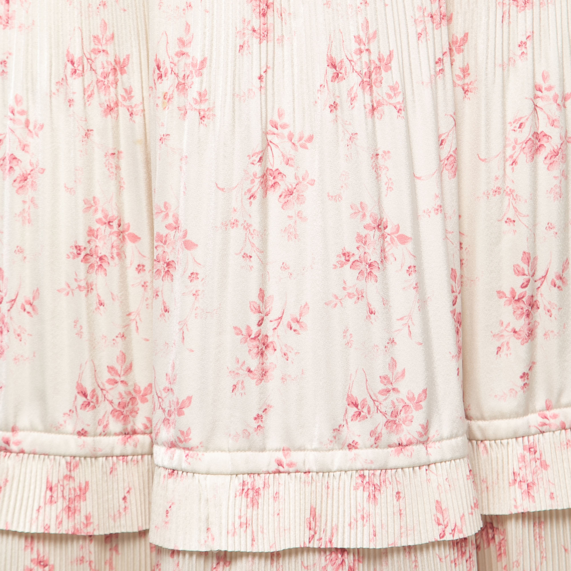 Polo Ralph Lauren Cream Floral Printed Plisse Satin Midi Skirt S