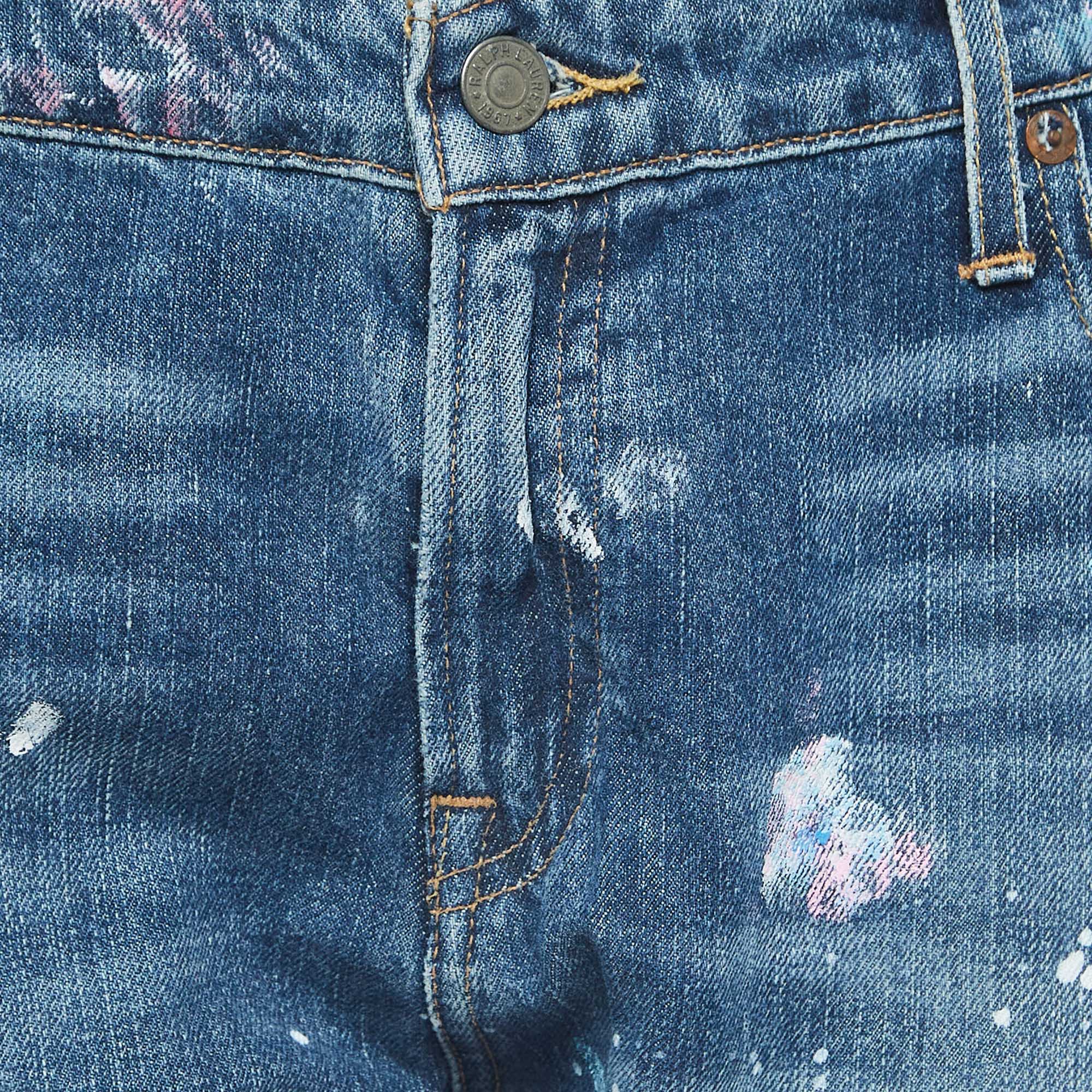 Polo Ralph Lauren Blue Paint Print Distressed Denim Astor Slim Boyfriend Jeans L Waist 32