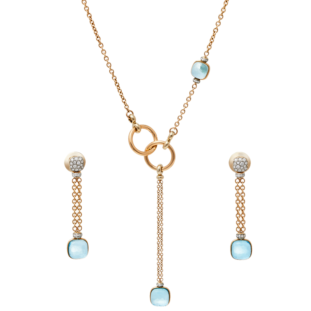Pomellato Nudo Blue Topaz Diamond 18K Rose Gold Sautoir Necklace and Long Earrings Set