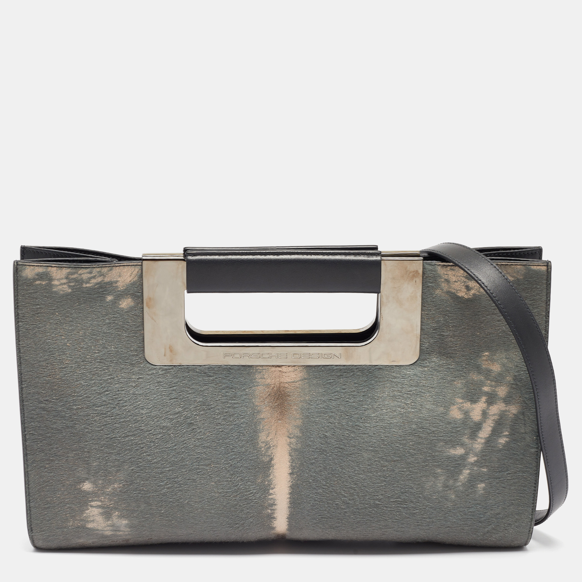 Porsche design grey/shimmer calfhair and leather cut out frame handle bag