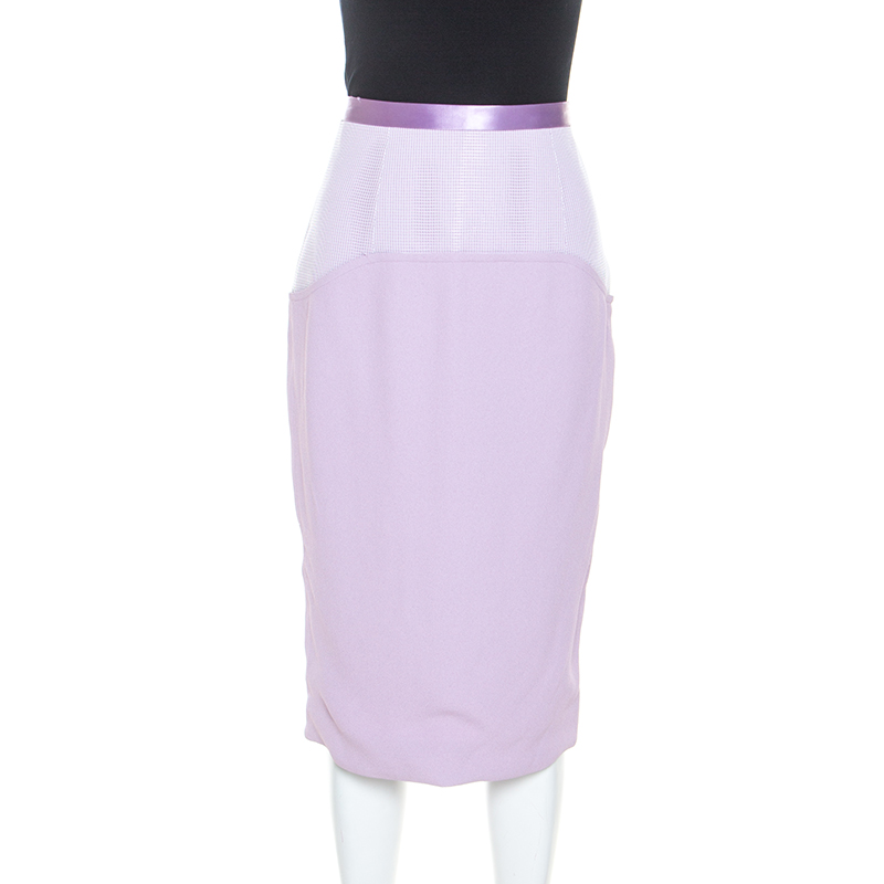Image of Prabal Gurung Lilac Crepe Mesh Detail Pencil Skirt M