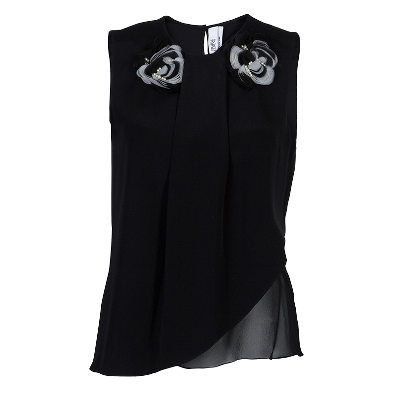 Image of Prabal Gurung Black Rosette Applique Detail Sleeveless Silk Blouse M