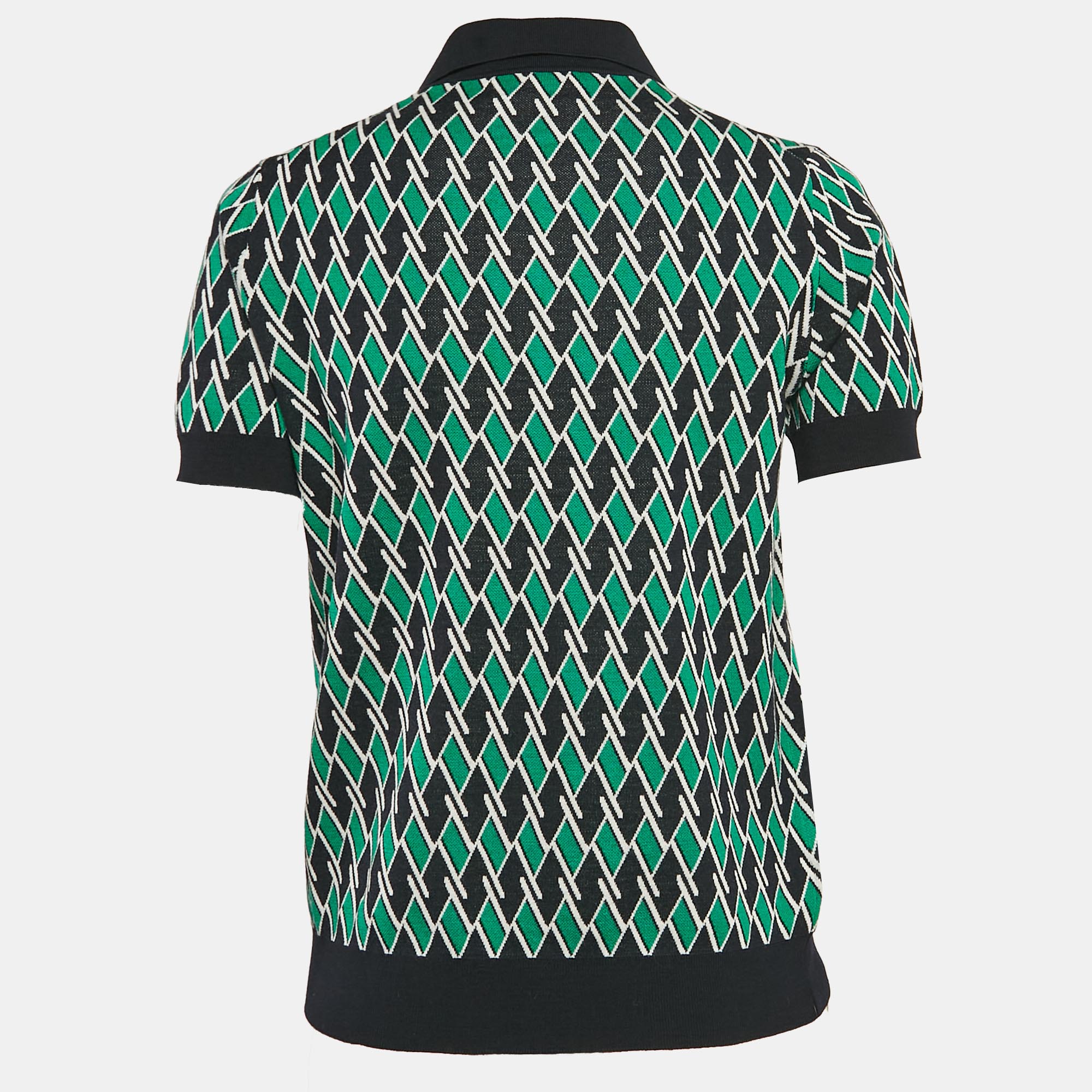 Prada Navy Green Jacquard Wool Knit Polo T-Shirt M