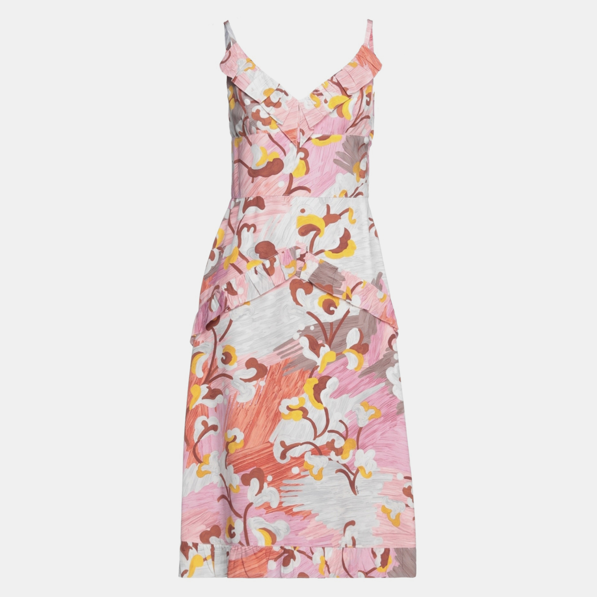 Prada pink printed silk ruffled short dress s (it 38)