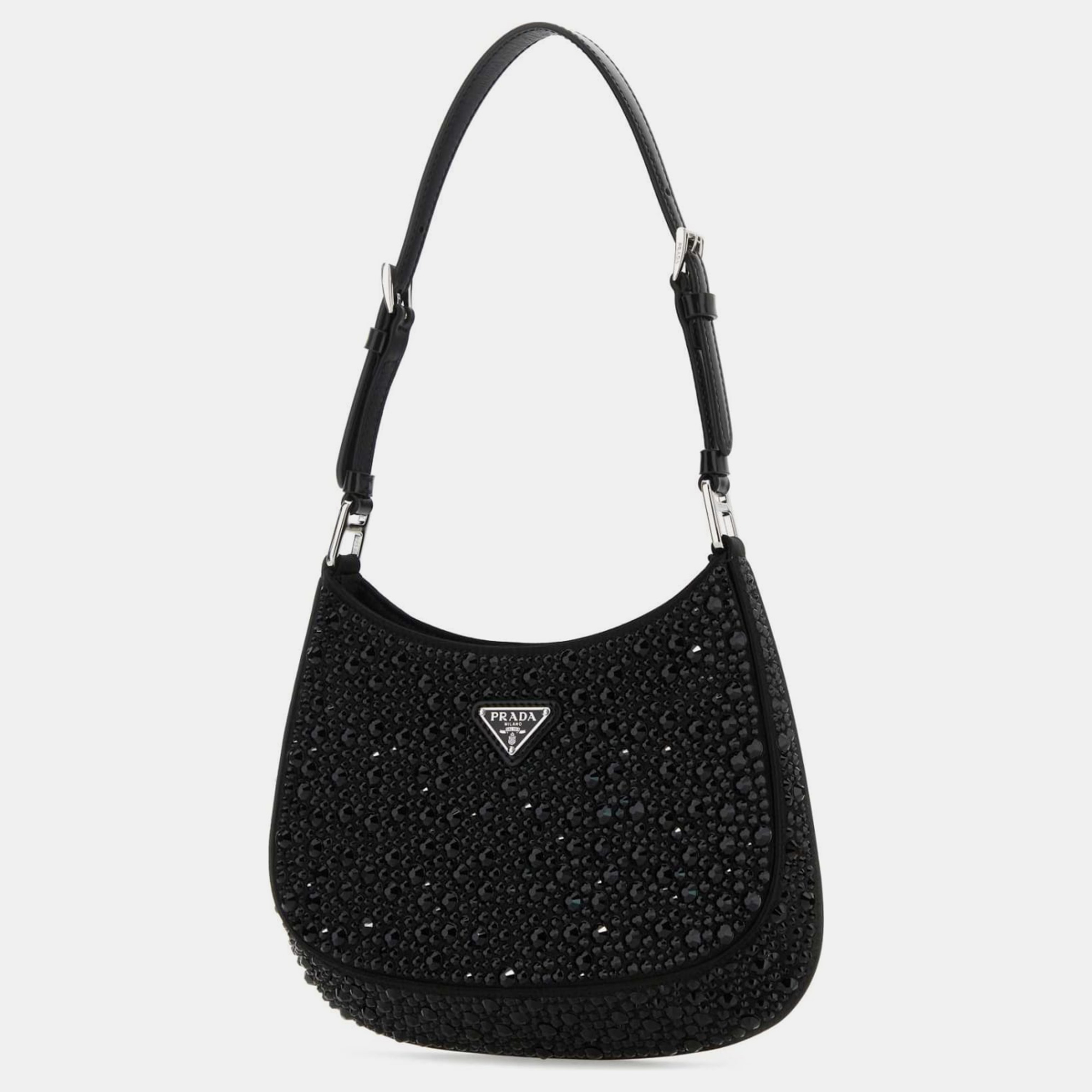 Prada Black Satin Cleo With Crystals Shoulder Bag