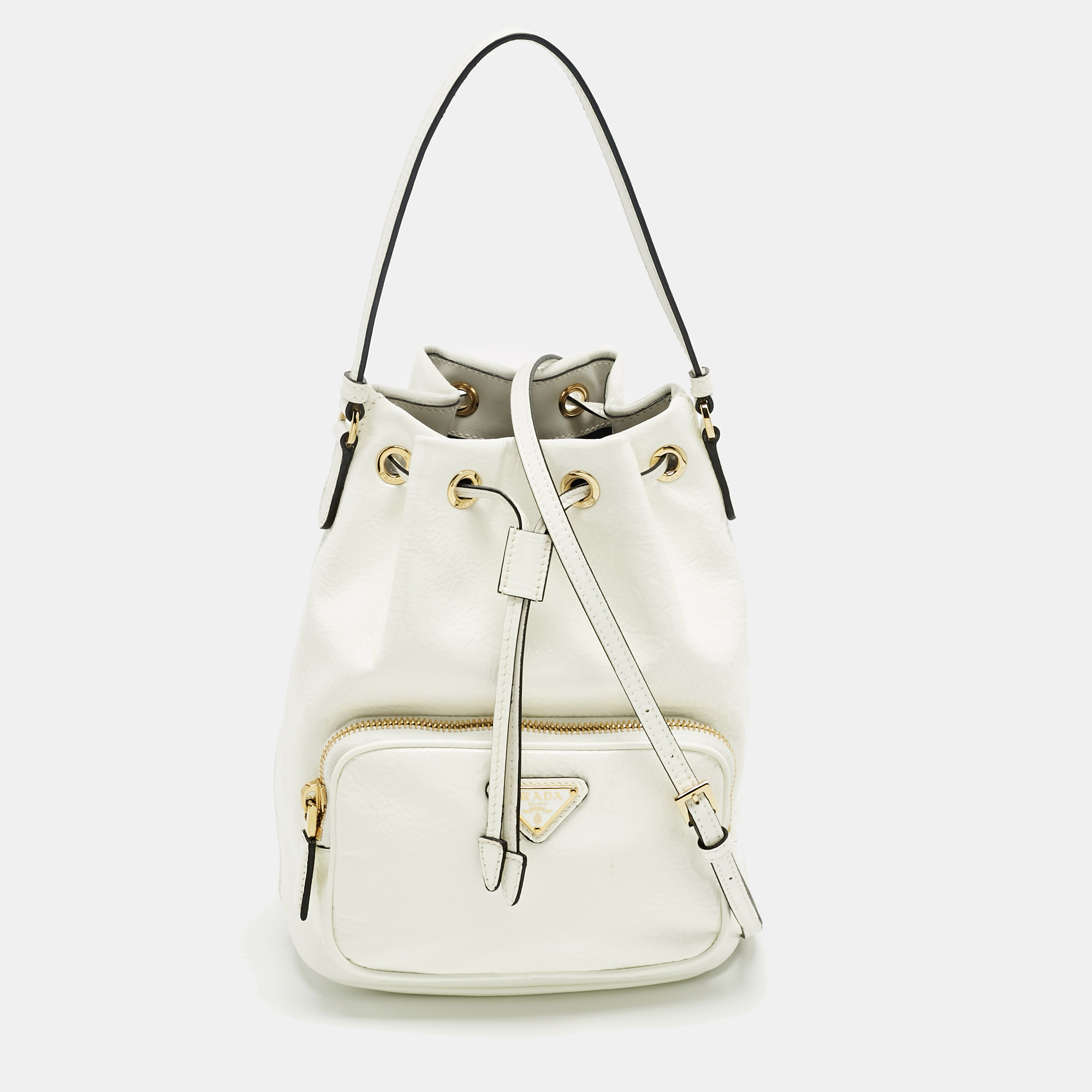 Prada White Patent Leather Duet Bucket Bag
Prada White Patent Leather Duet Bucket Bag