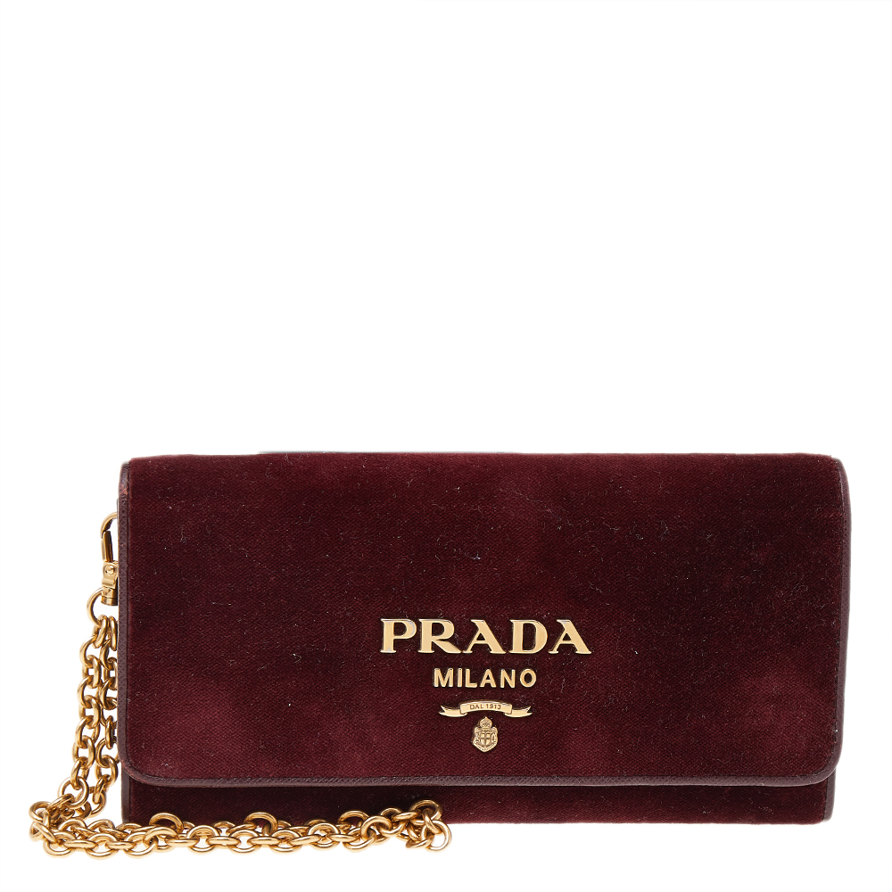 Prada Burgundy Velvet And Leather Flap Chain Wallet