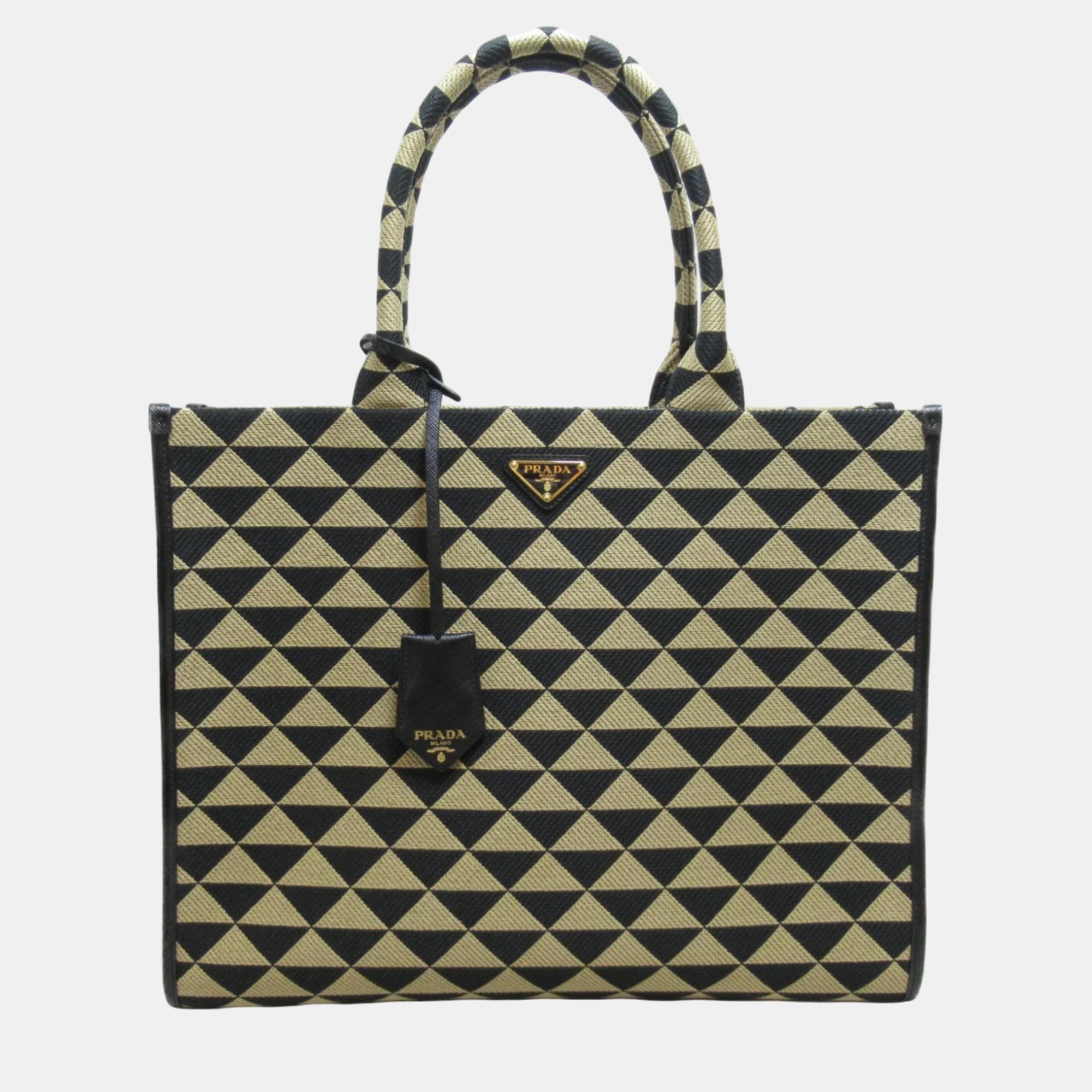 Prada black/gold canvas triangolo jacquard symbole tote bag