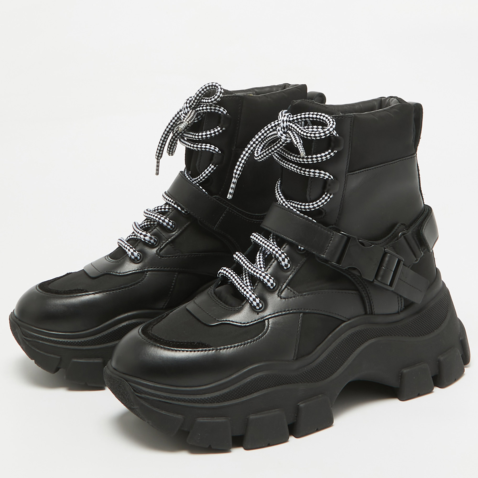 Prada Black Leather And Nylon Combat Boots Size 38.5