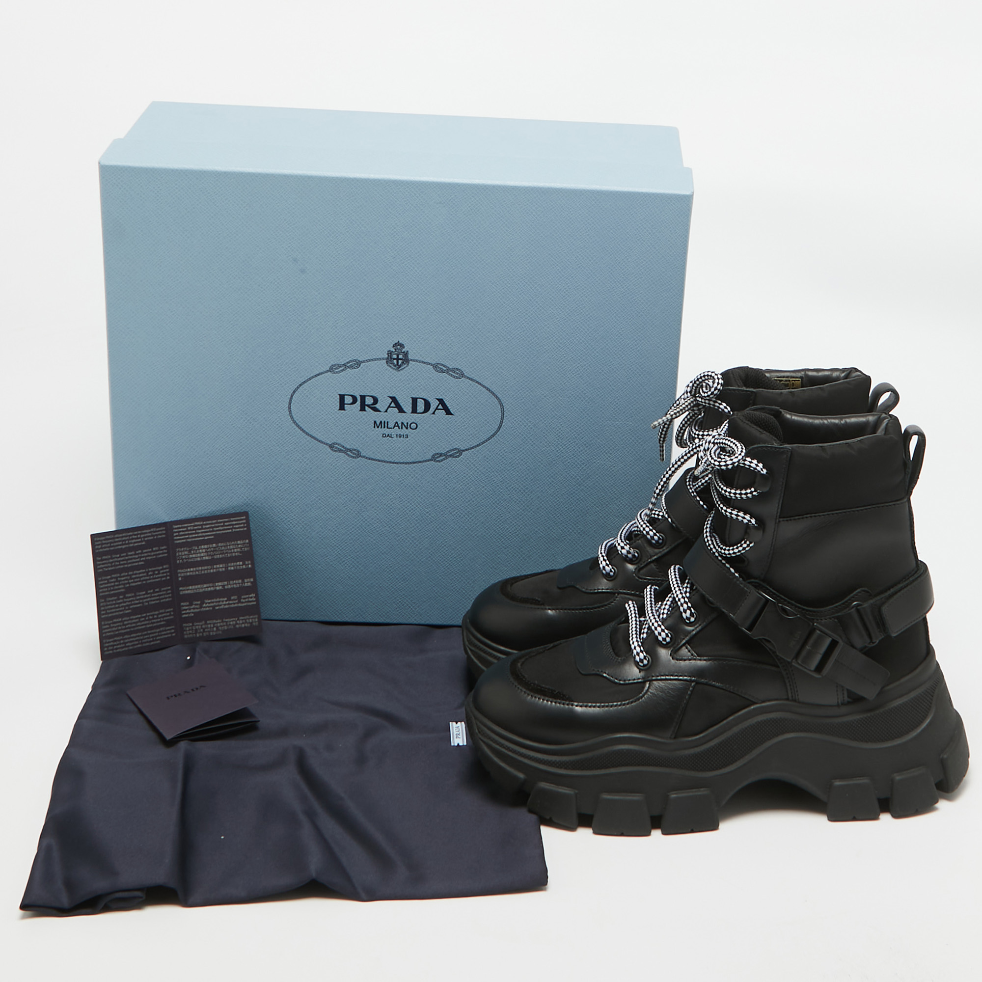 Prada Black Leather And Nylon Combat Boots Size 38.5