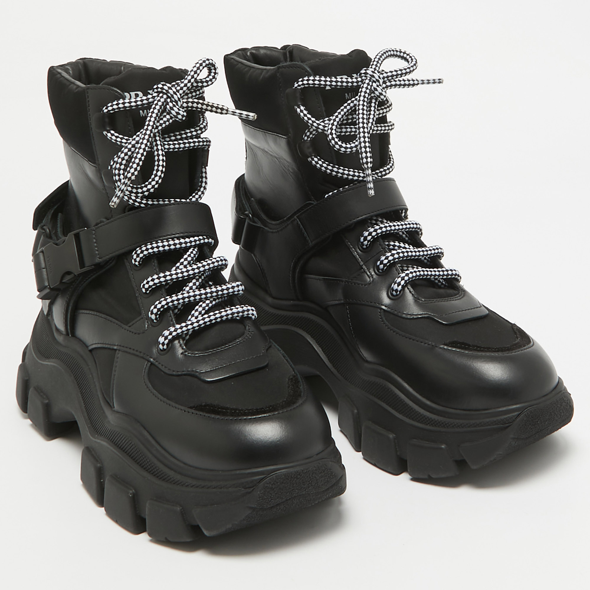 Prada Black Leather And Nylon Combat Boots Size 38.5