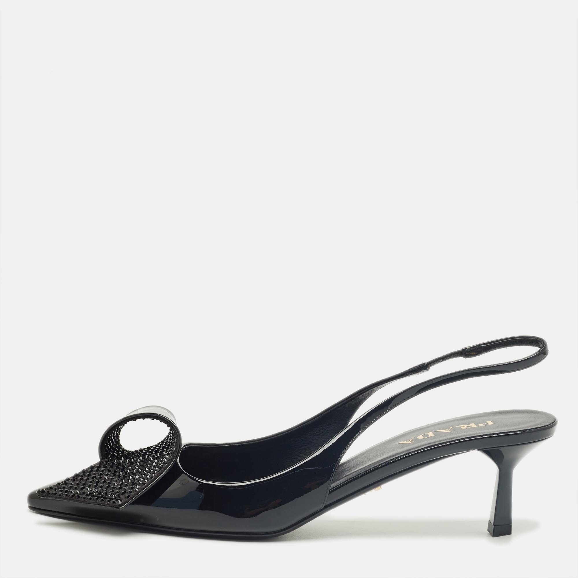 Prada Black Patent Leather Crystal Embellished Slingback Pumps Size
Prada Black Patent Leather Crystal Embellished Slingback Pumps Size