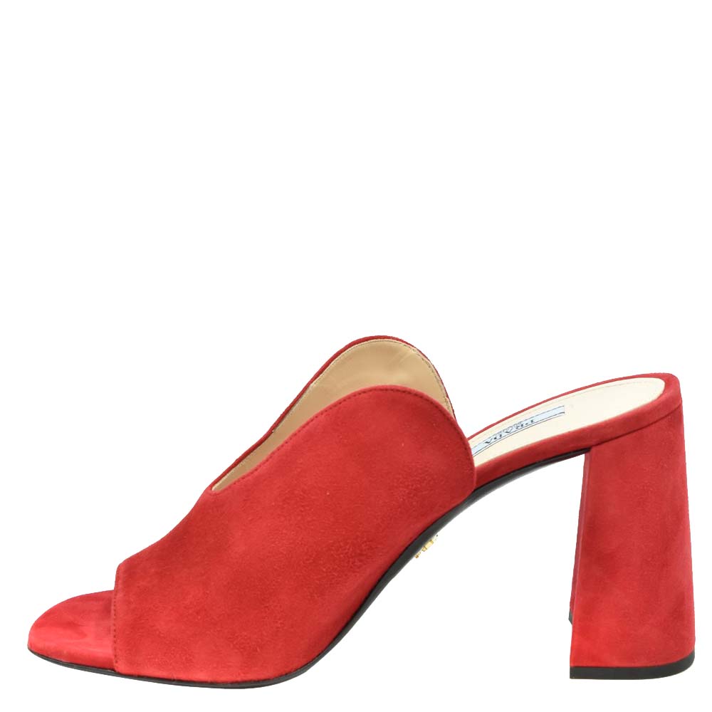 Prada Red Suede Block Heel Sandals Size EU 37