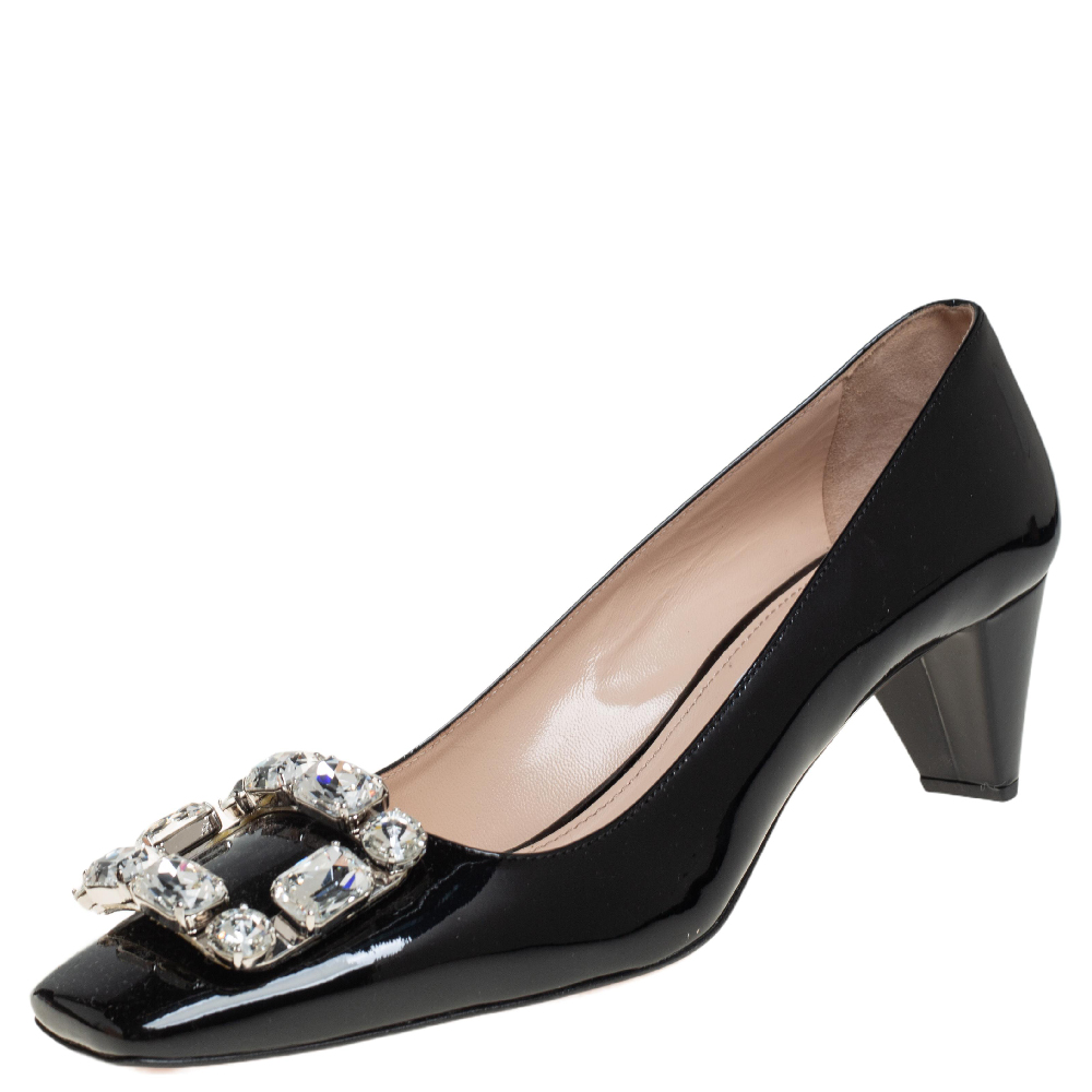 Prada Black Patent Leather Crystal Embellished Block Heel Pumps Size 38.5