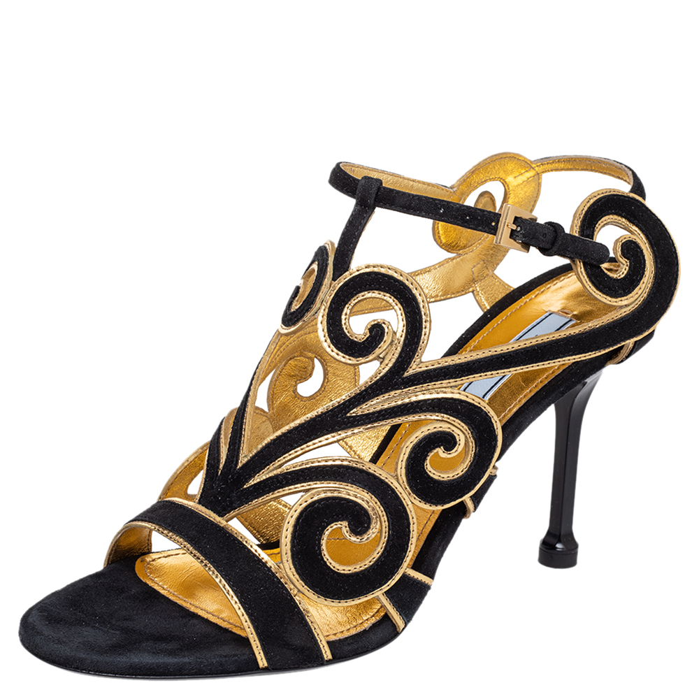Prada Black/Gold Suede Cutout Ankle Strap Sandals Size 40