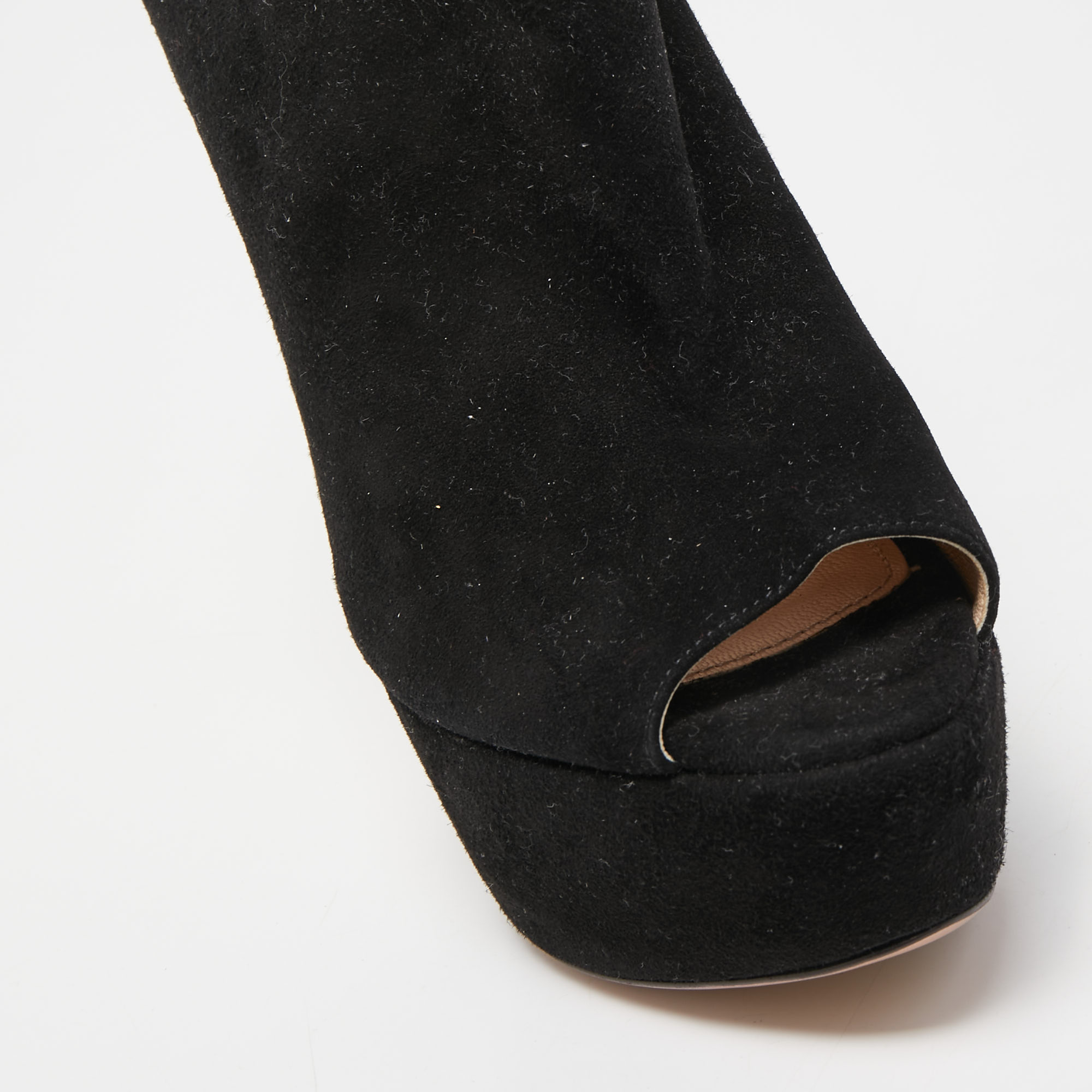 Prada Black Suede Peep Toe Platform Ankle Strap Booties Size 37.5