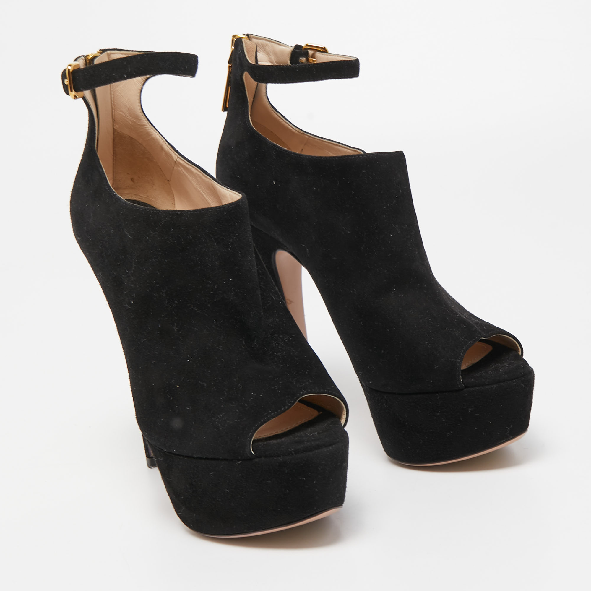Prada Black Suede Peep Toe Platform Ankle Strap Booties Size 37.5
