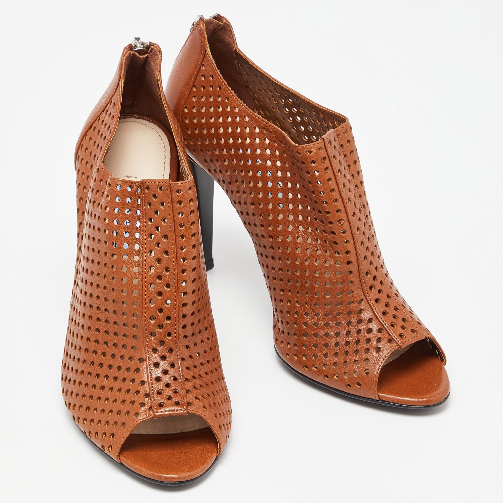 Prada Brown Perforated Leather Peep Toe Ankle Booties Size 39