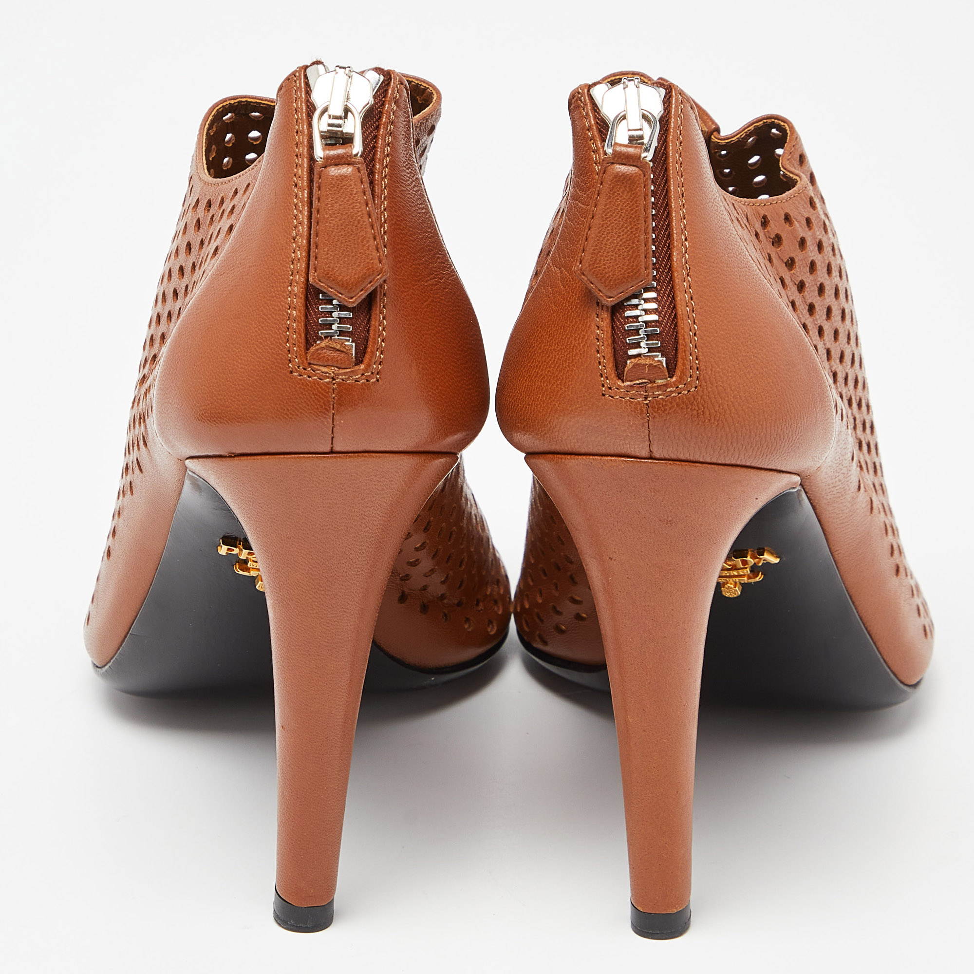 Prada Brown Perforated Leather Peep Toe Ankle Booties Size 39
