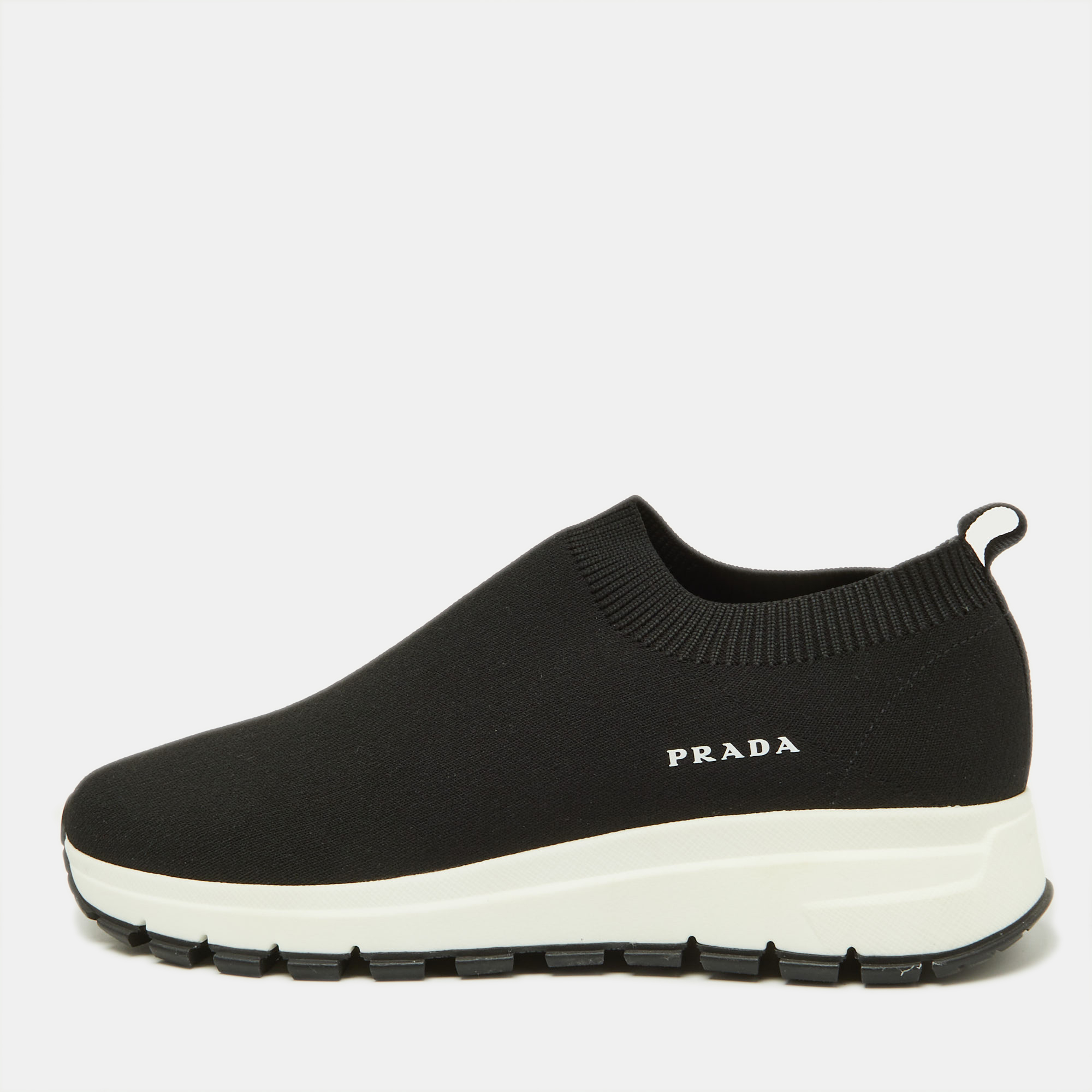 Prada Black Knit Fabric Slip On Sneakers Size 37.5